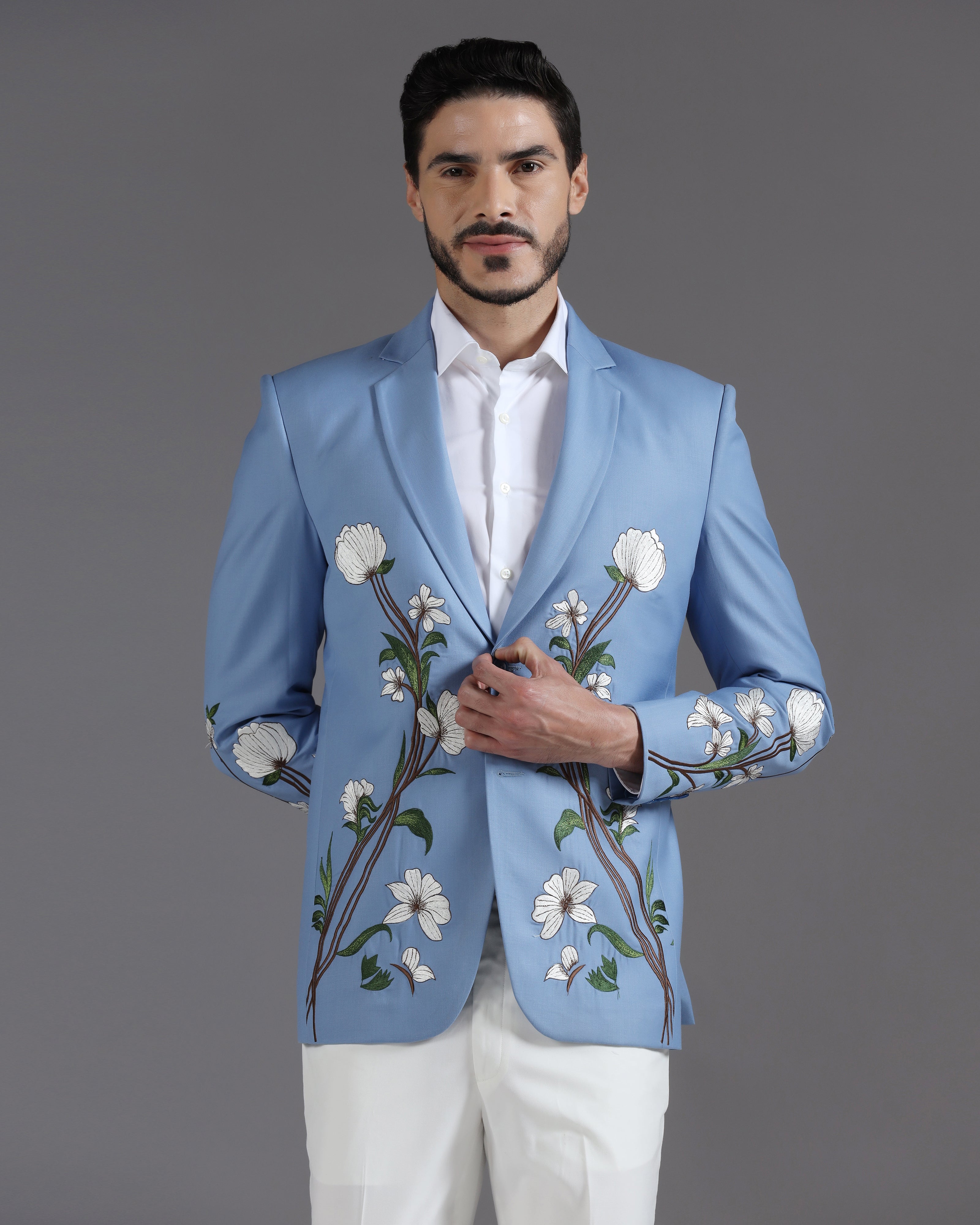 Sky Blue Floral Embroidered Suit with Ivory Trousers