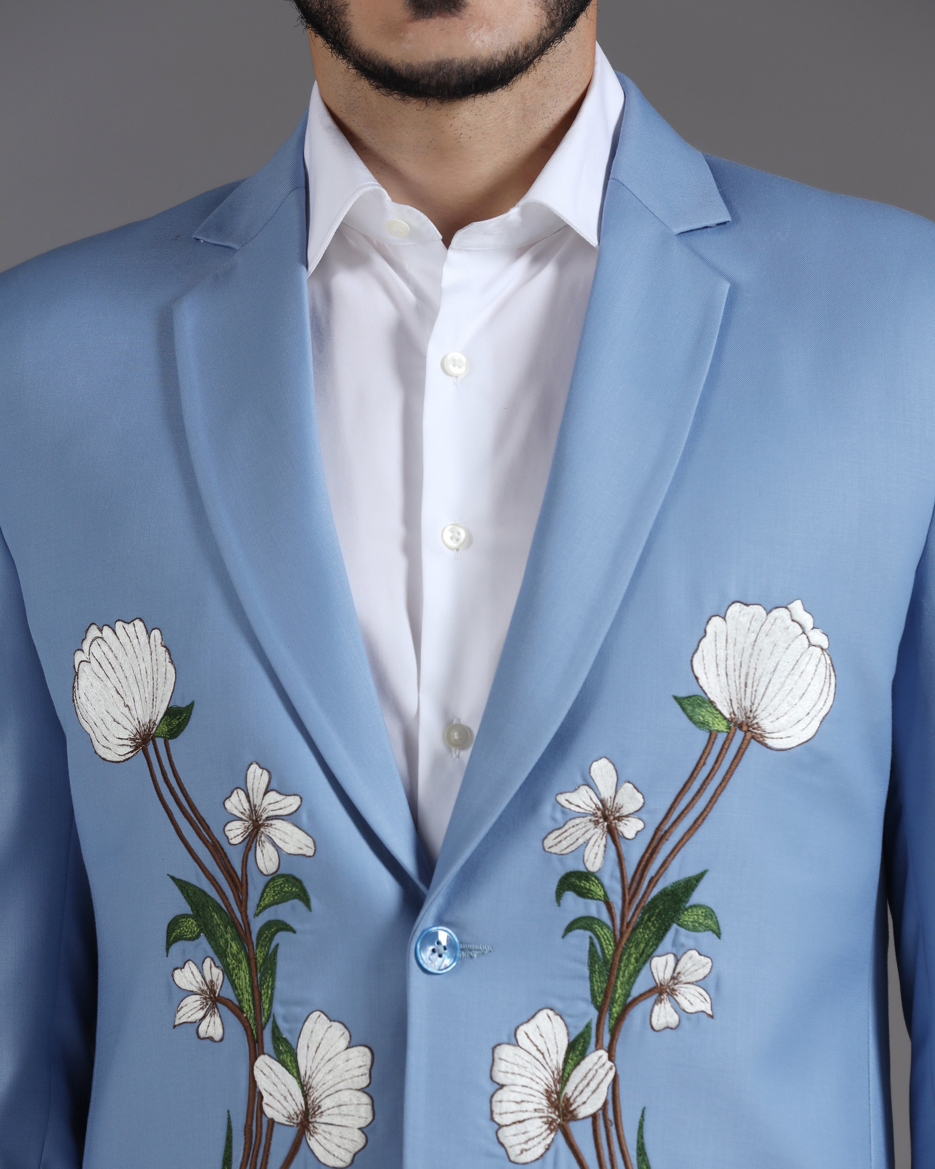 Sky Blue Floral Embroidered Suit with Ivory Trousers