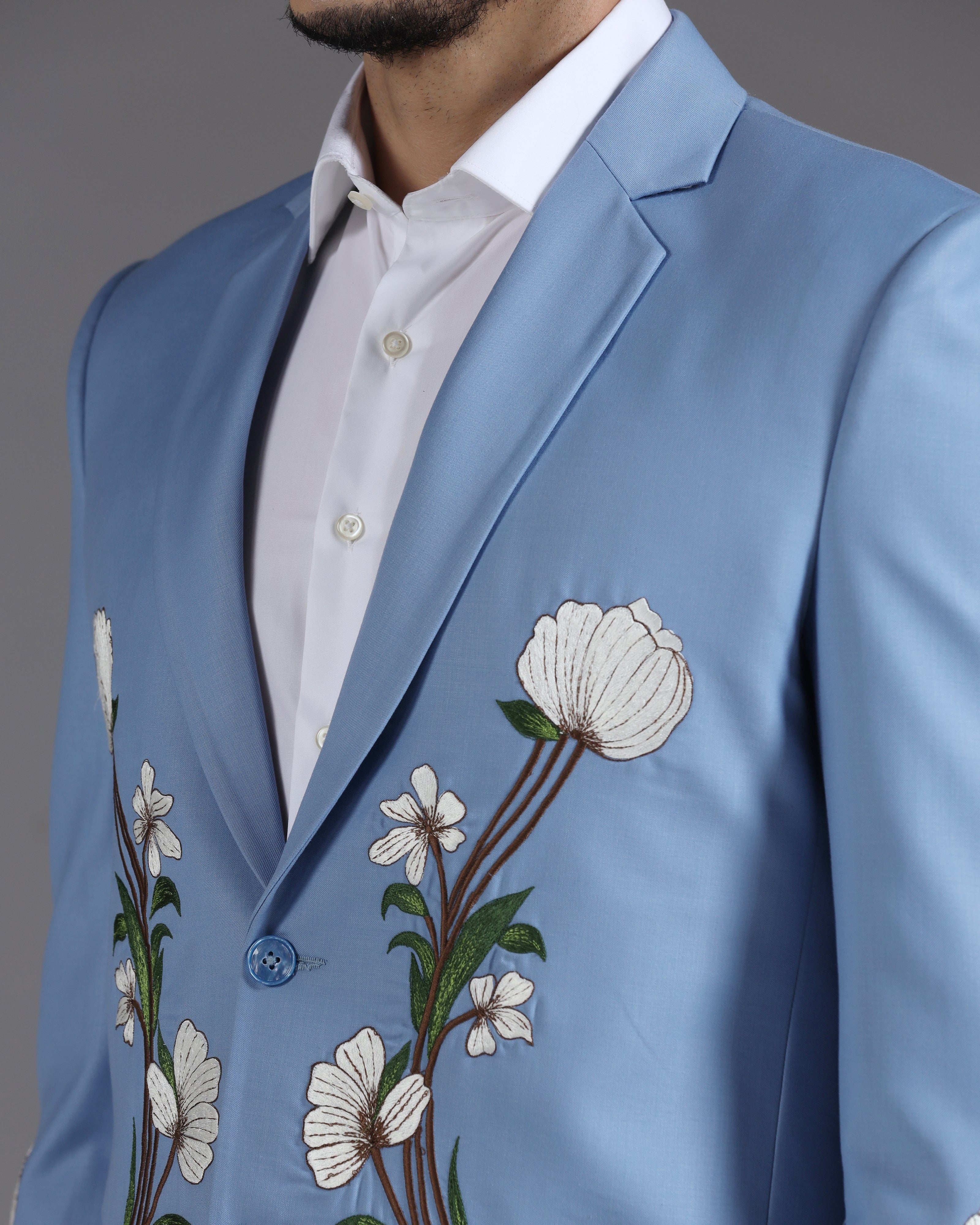 Sky Blue Floral Embroidered Suit with Ivory Trousers