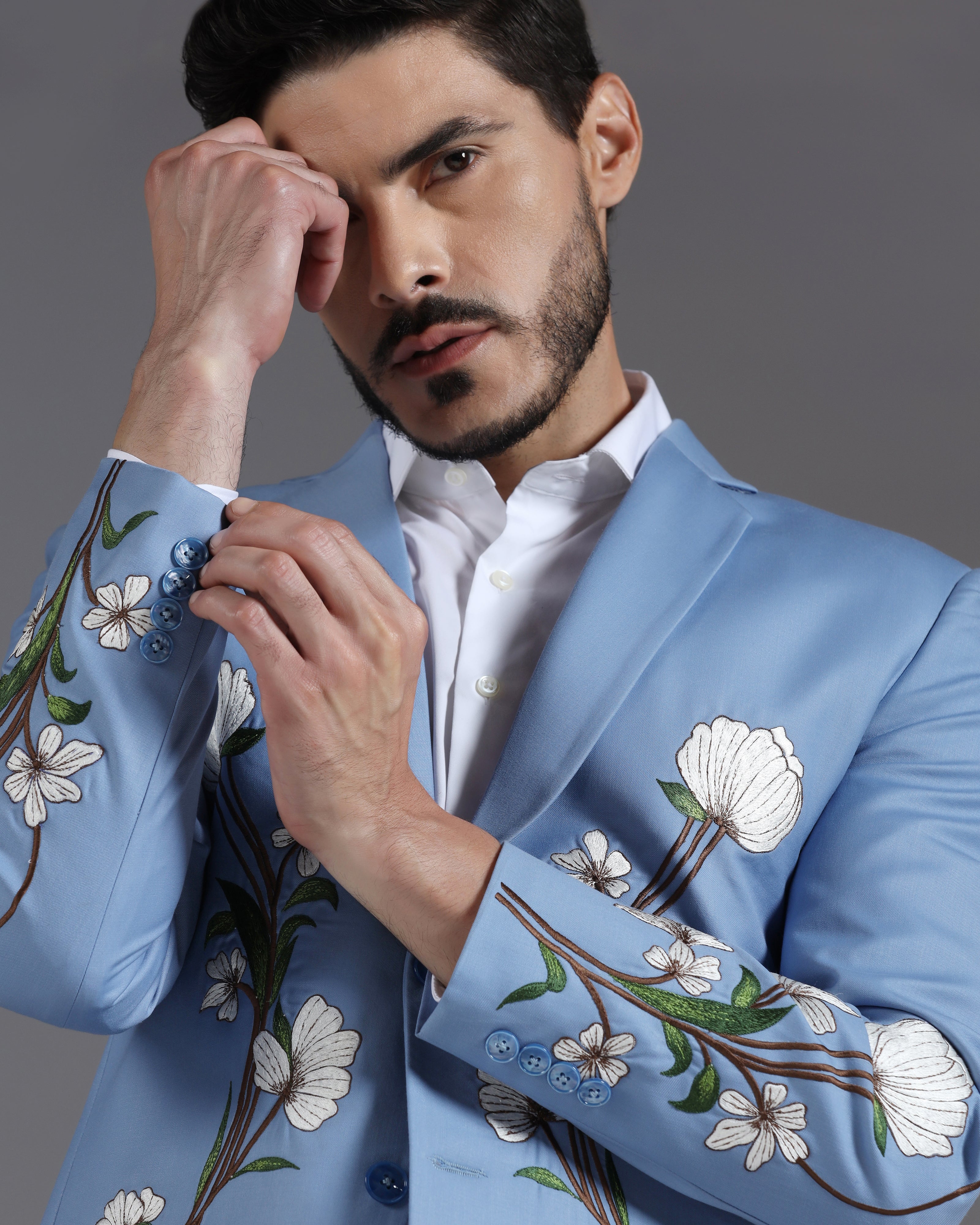 Sky Blue Floral Embroidered Suit with Ivory Trousers