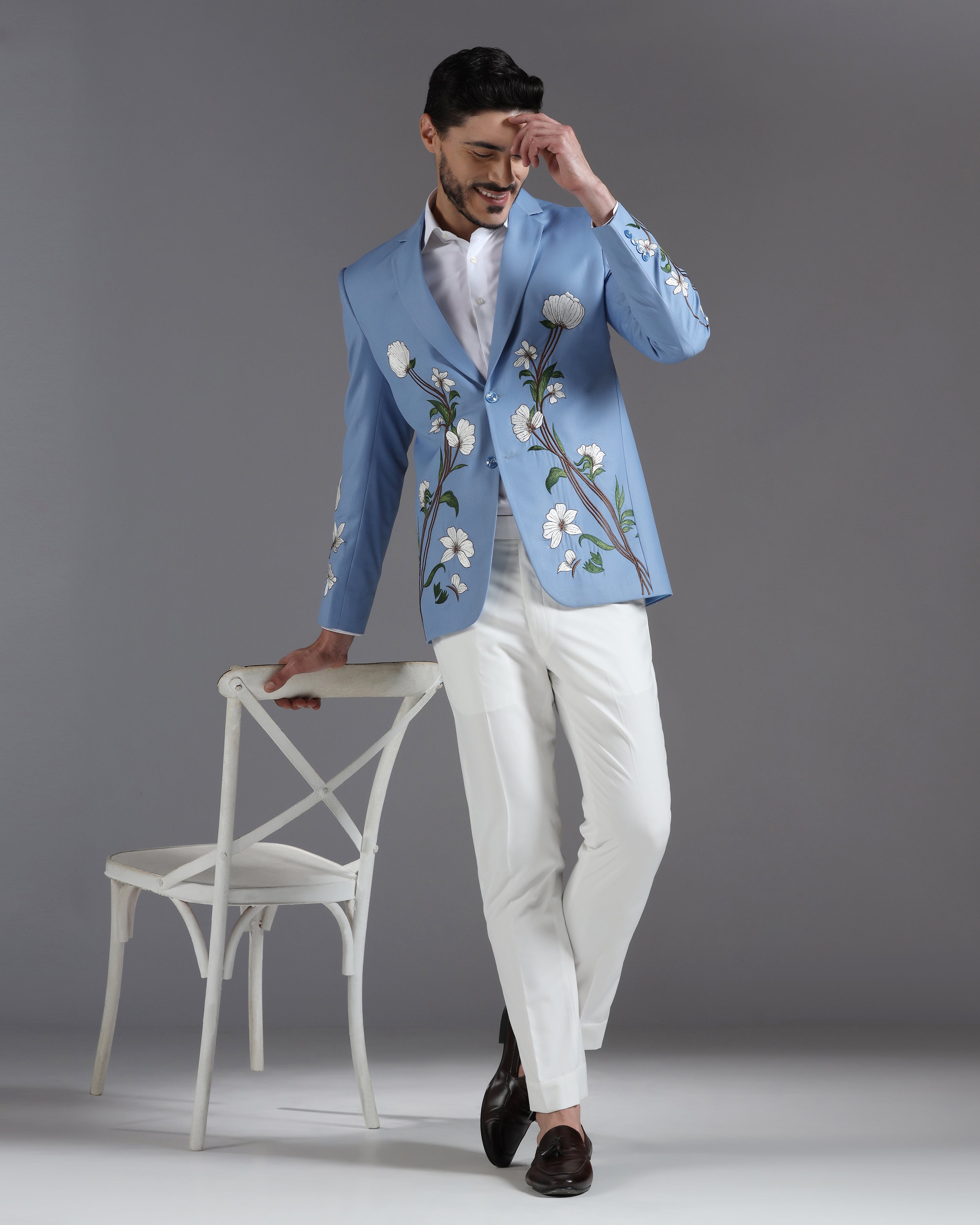 Sky Blue Floral Embroidered Suit with Ivory Trousers