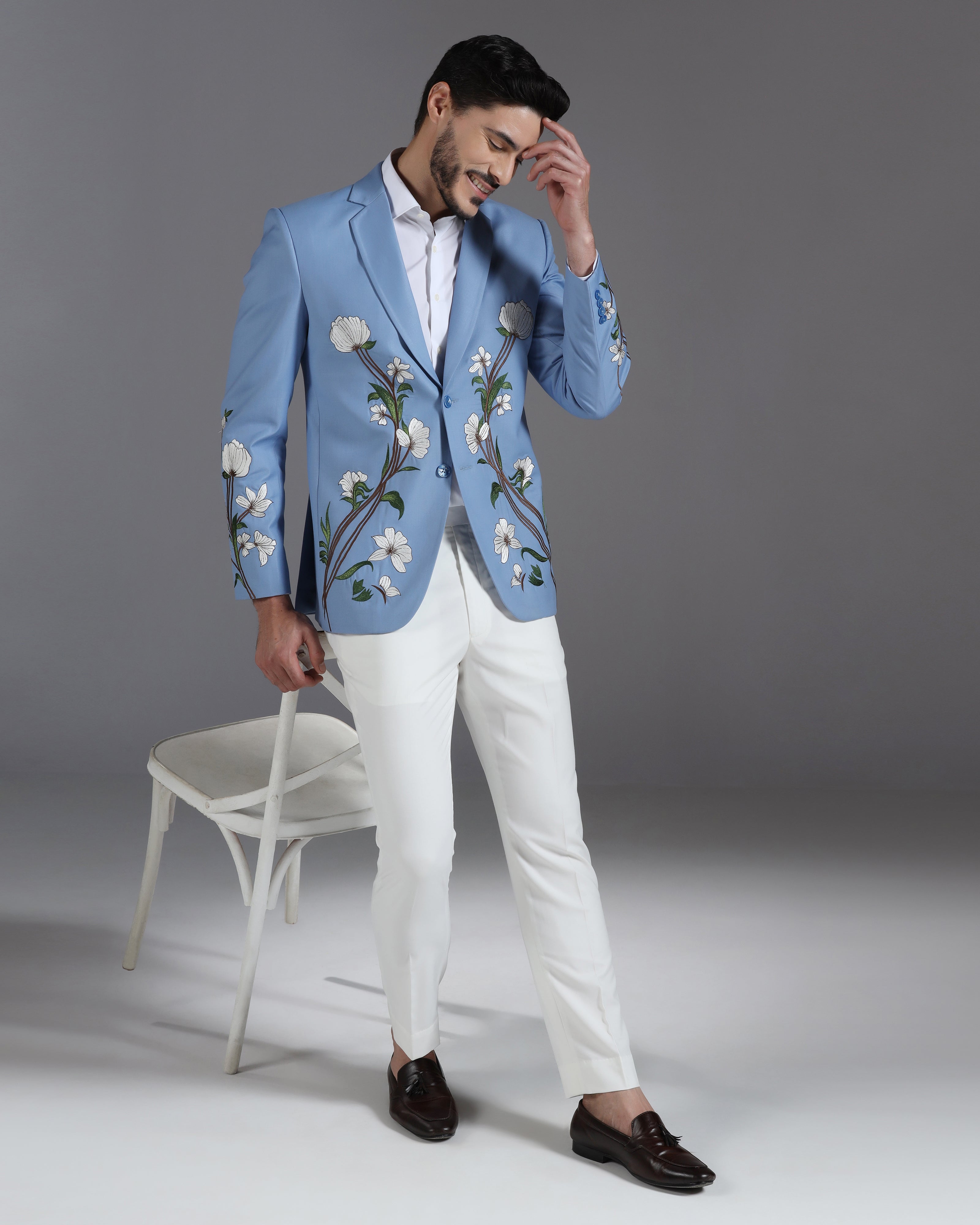 Sky Blue Floral Embroidered Suit with Ivory Trousers