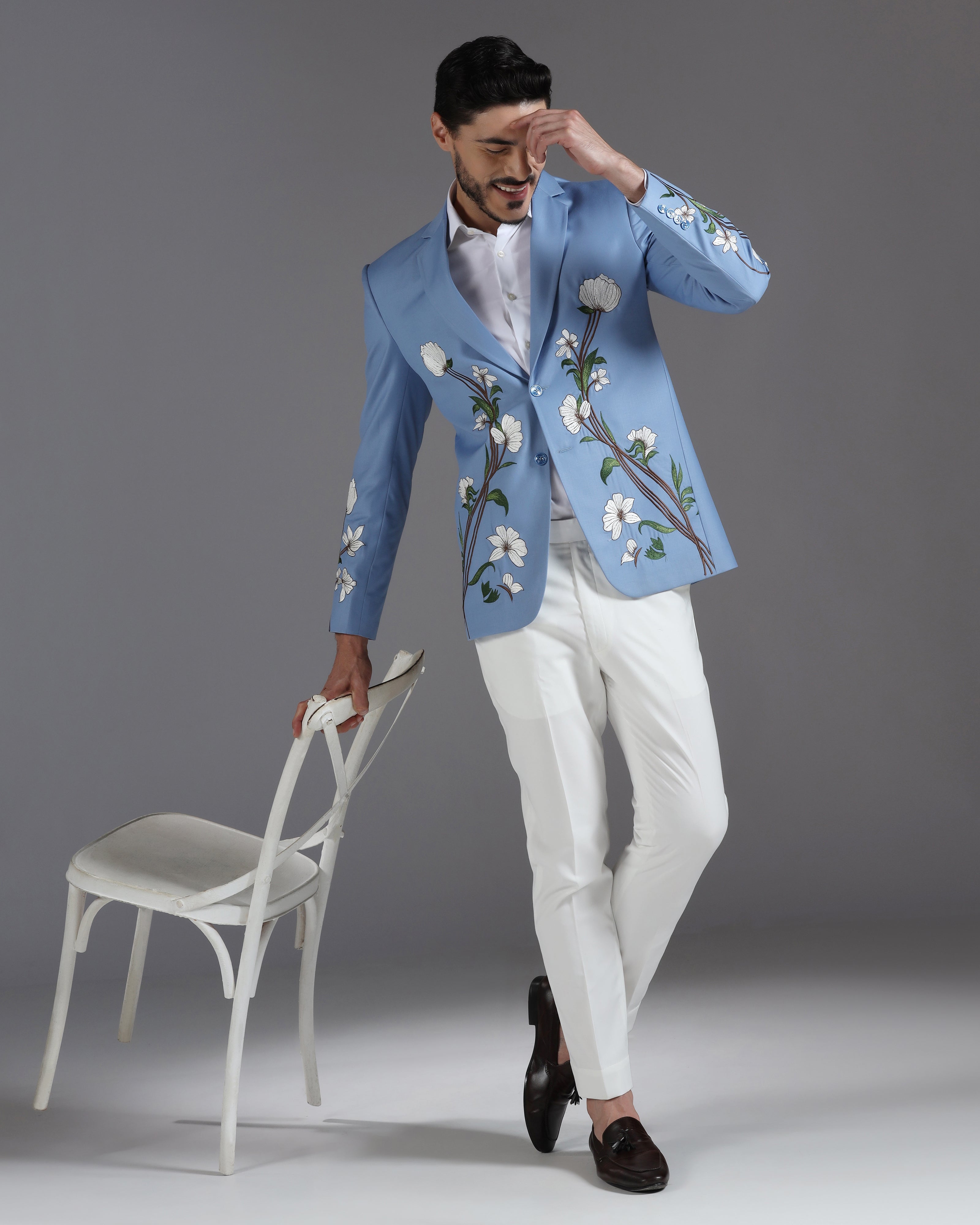Sky Blue Floral Embroidered Suit with Ivory Trousers