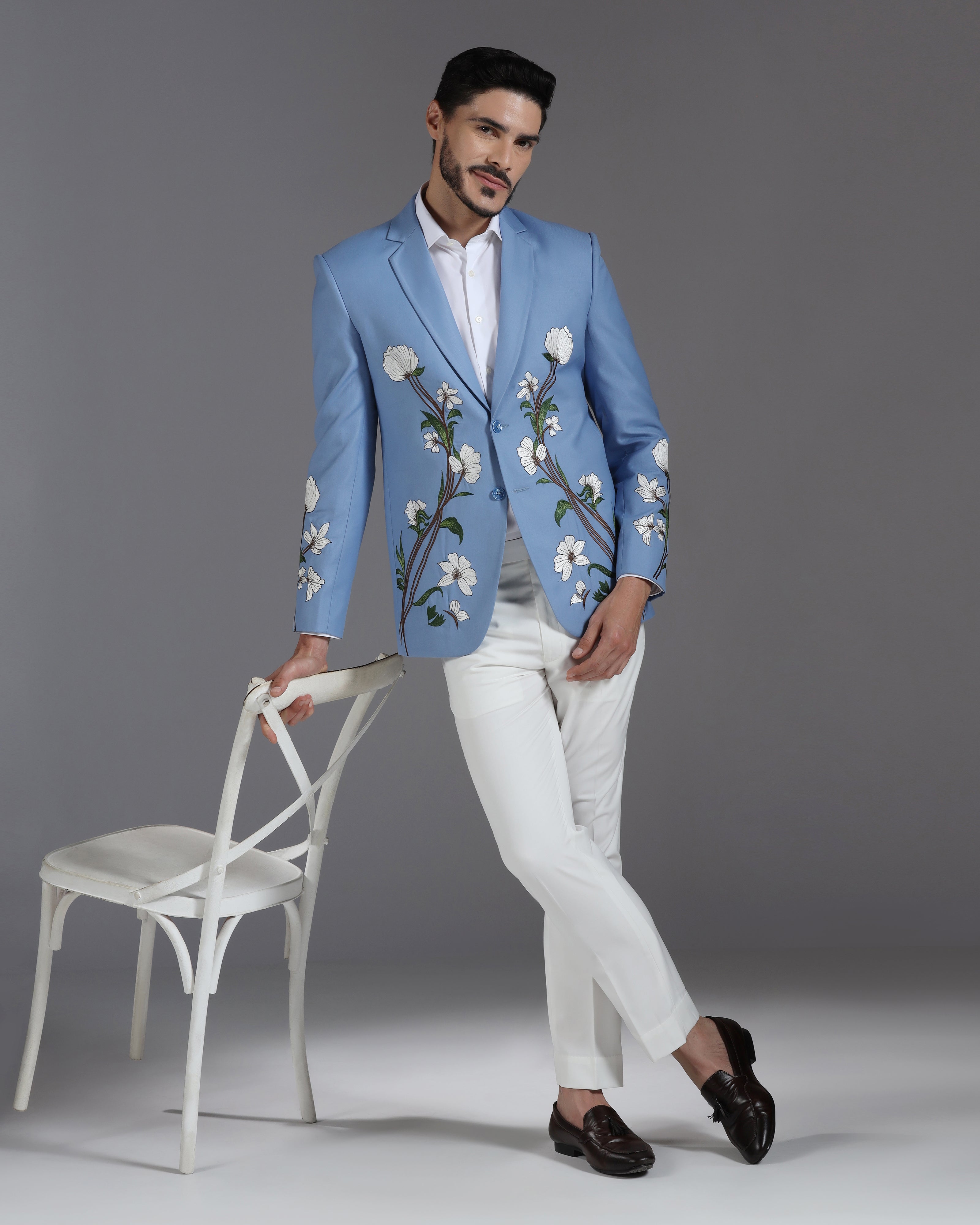 Sky Blue Floral Embroidered Suit with Ivory Trousers