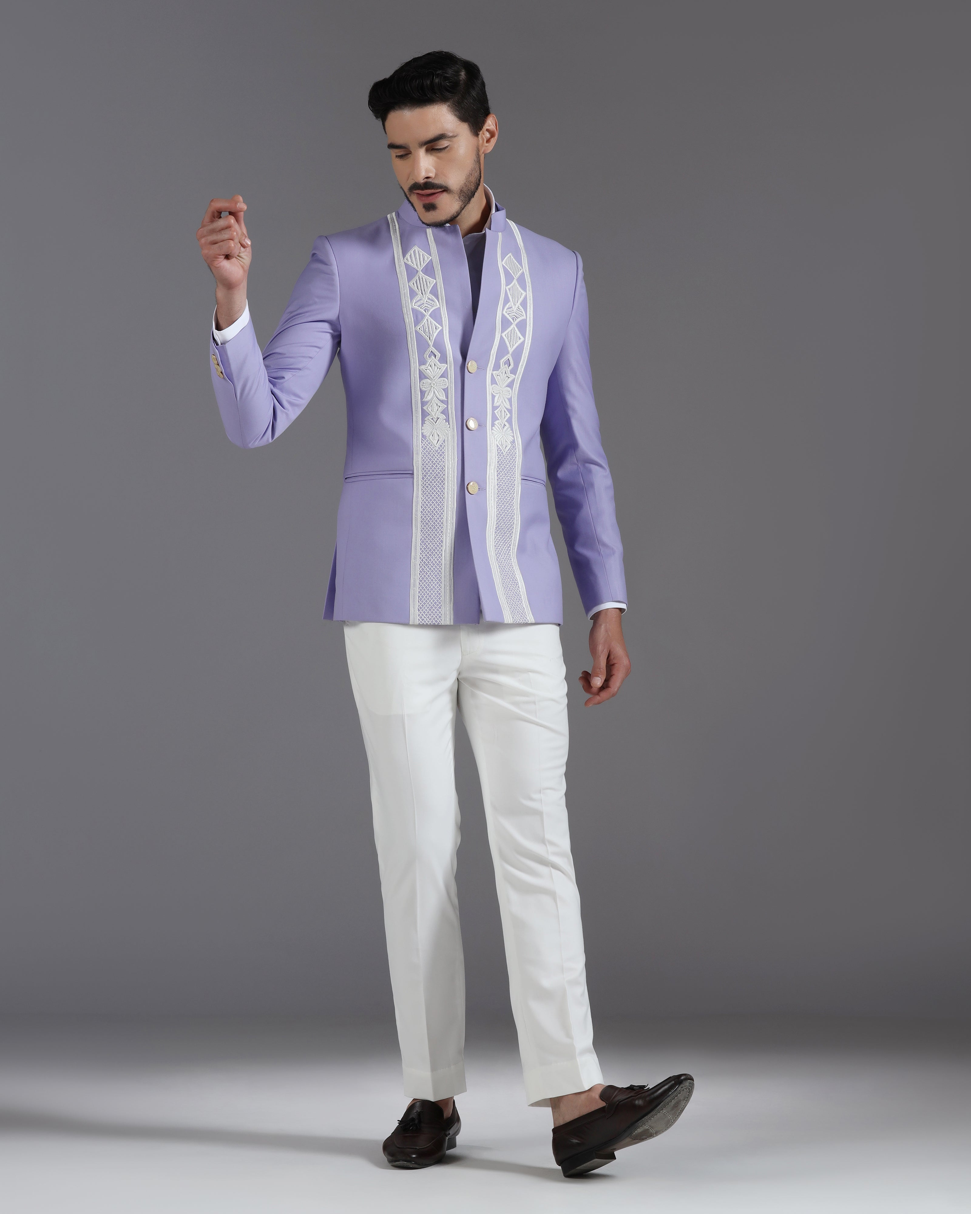 Lilac Embroidered 3-Button Bandhgala