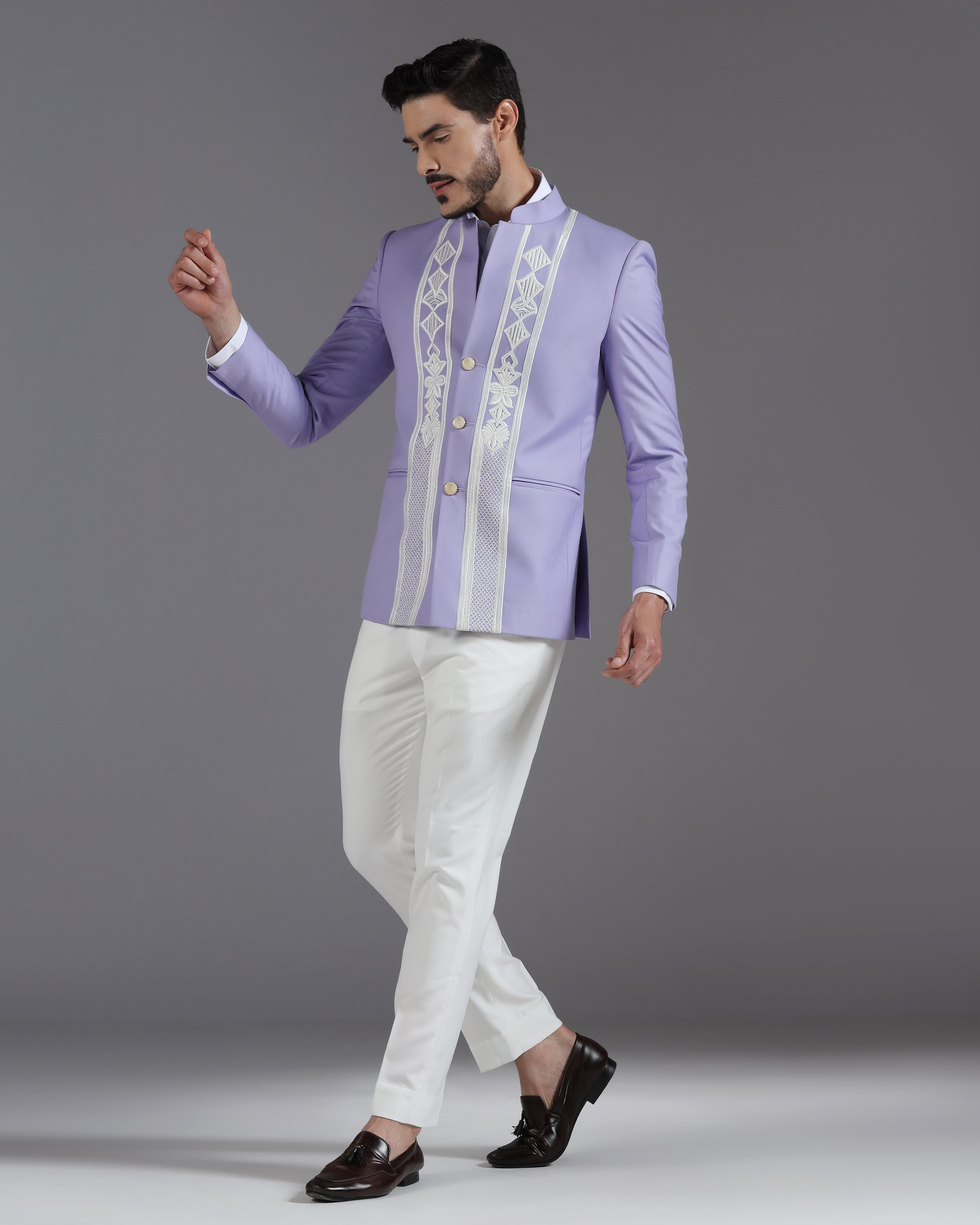 Lilac Embroidered 3-Button Bandhgala