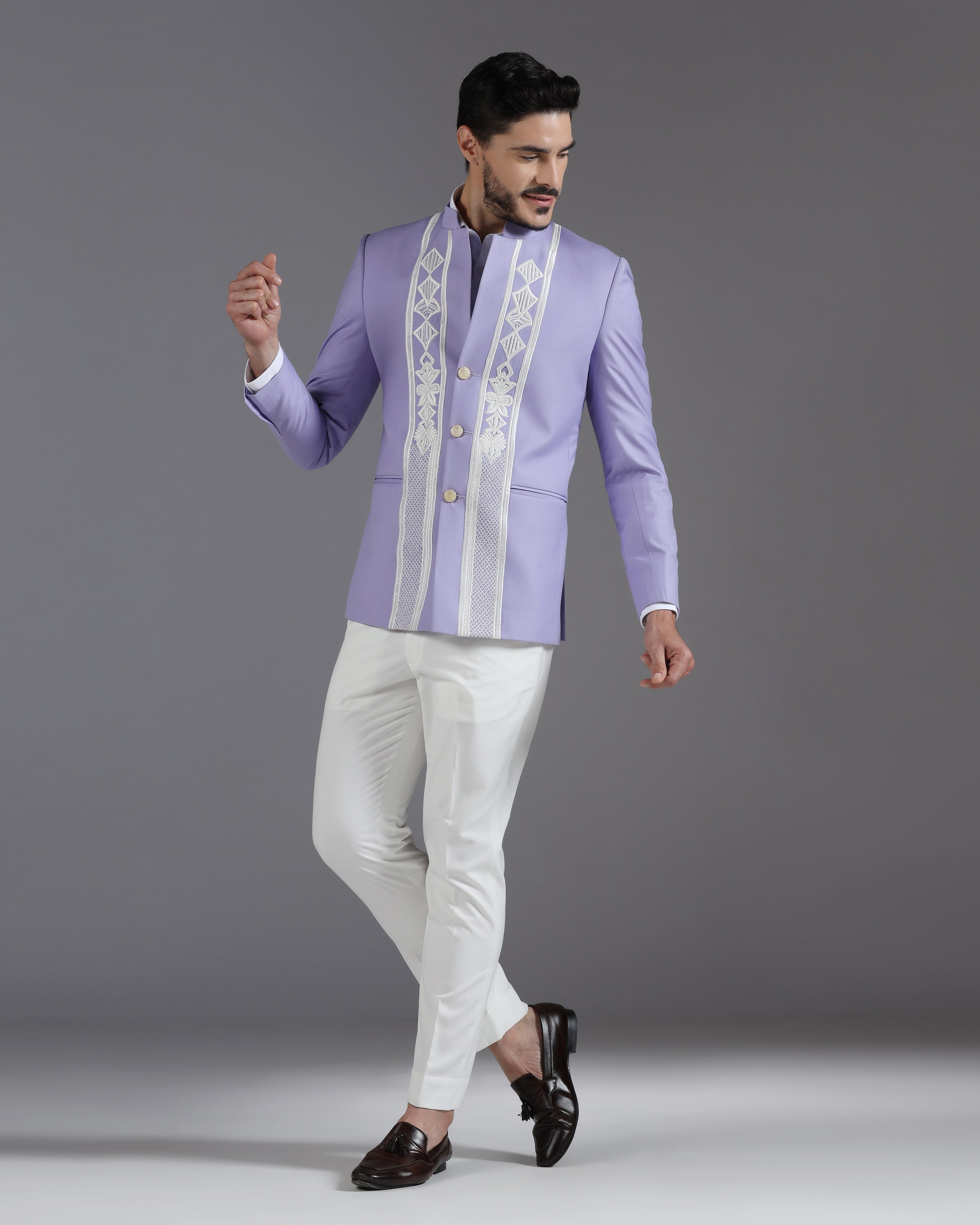 Lilac Embroidered 3-Button Bandhgala
