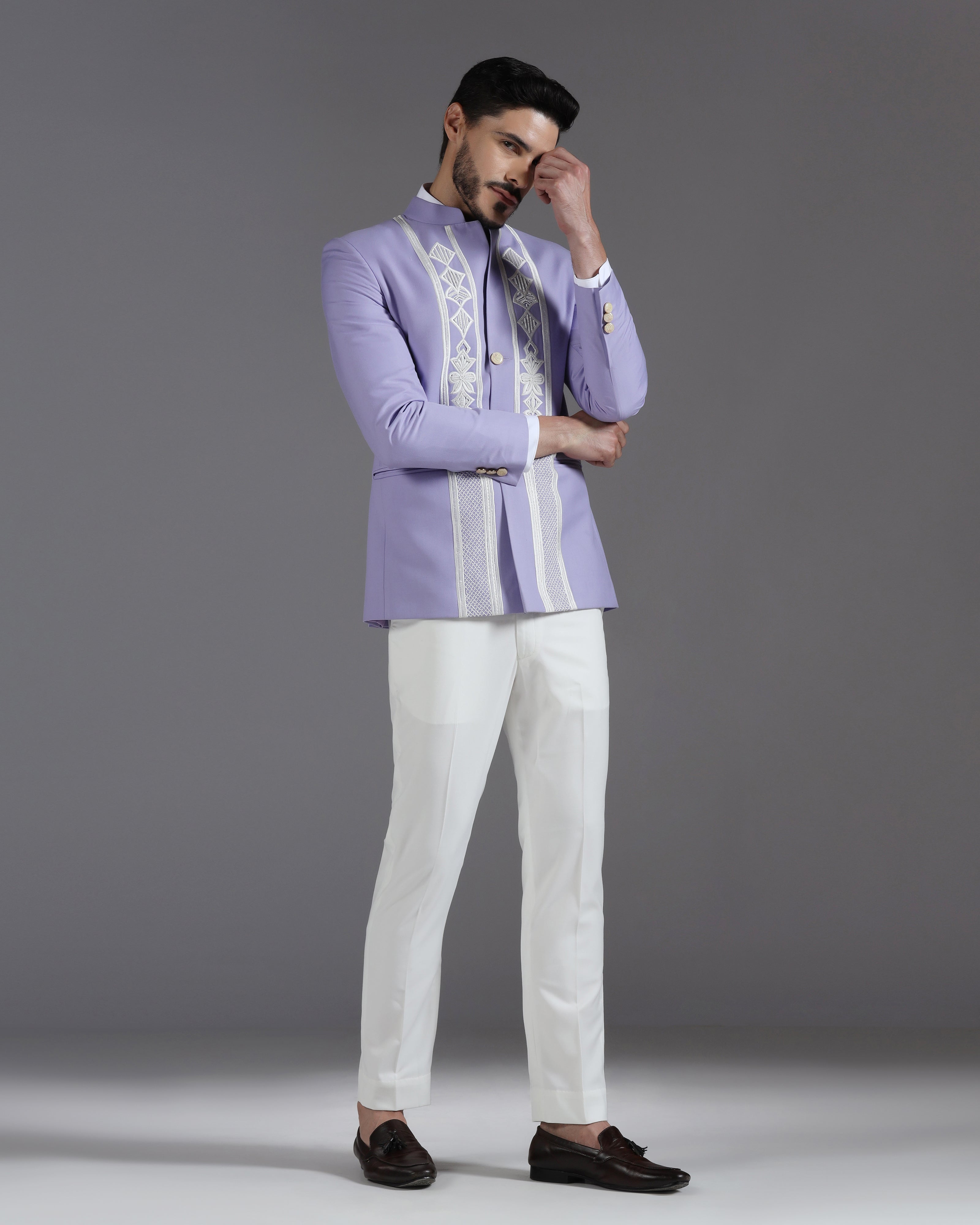 Lilac Embroidered 3-Button Bandhgala