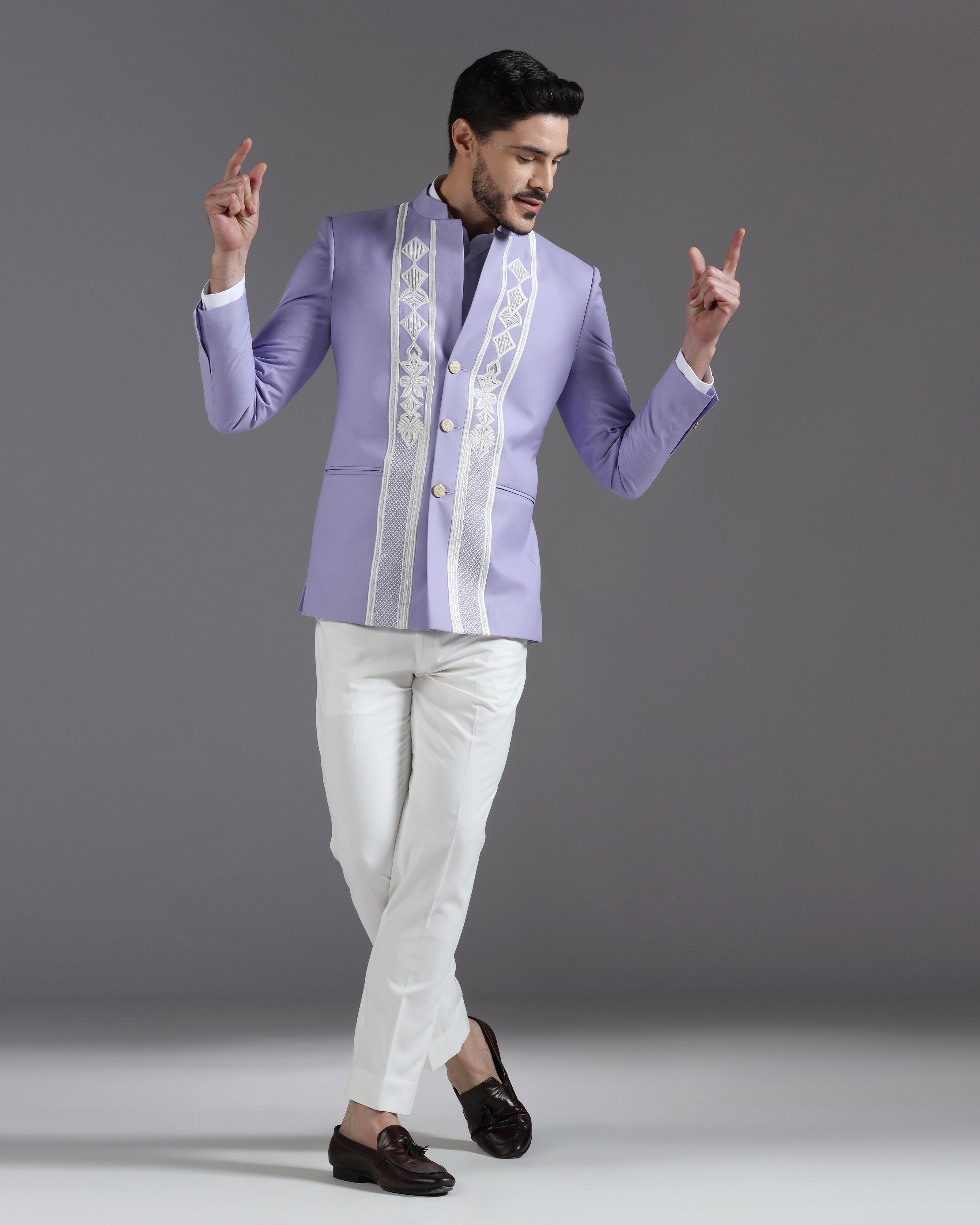 Lilac Embroidered 3-Button Bandhgala