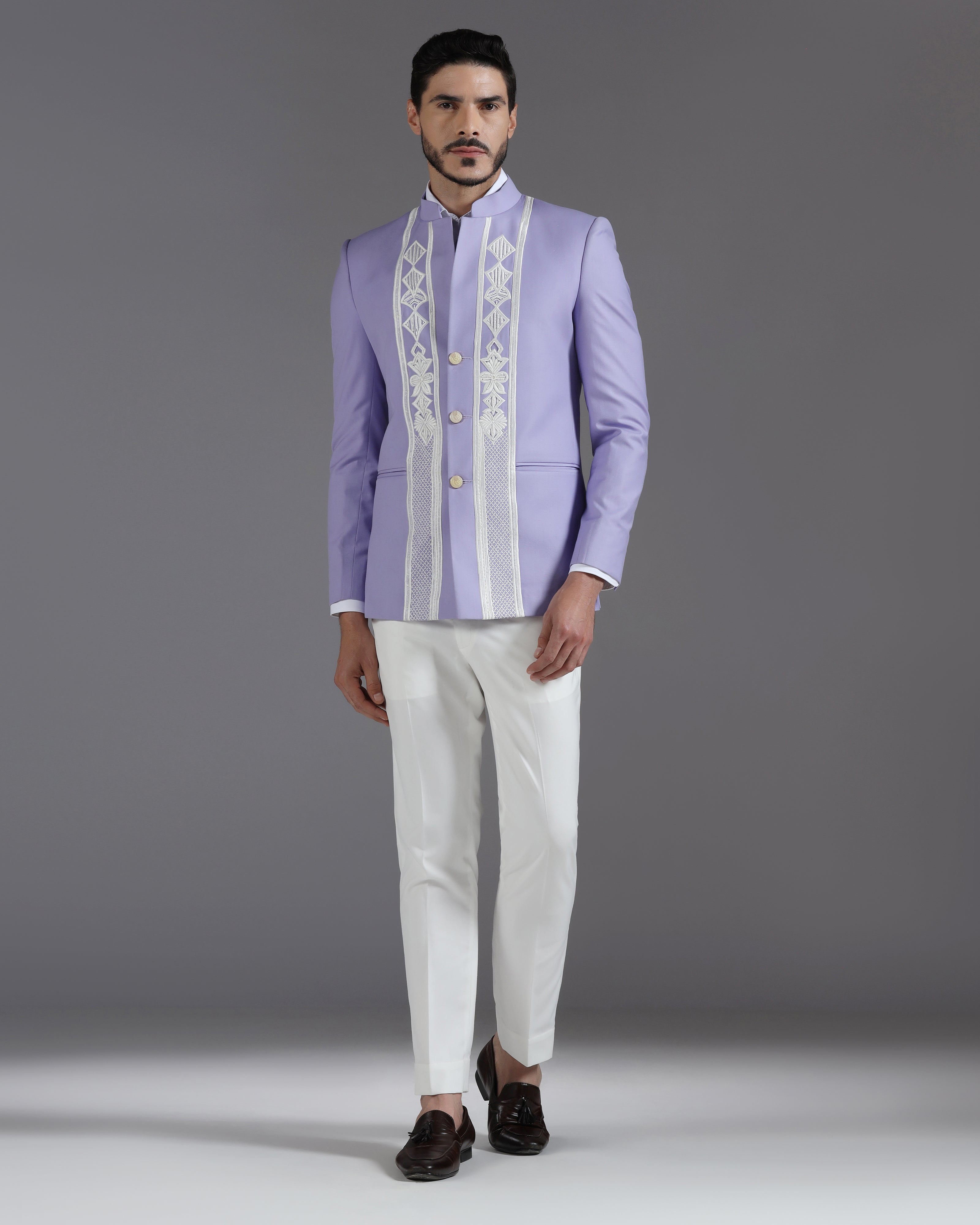 Lilac Embroidered 3-Button Bandhgala