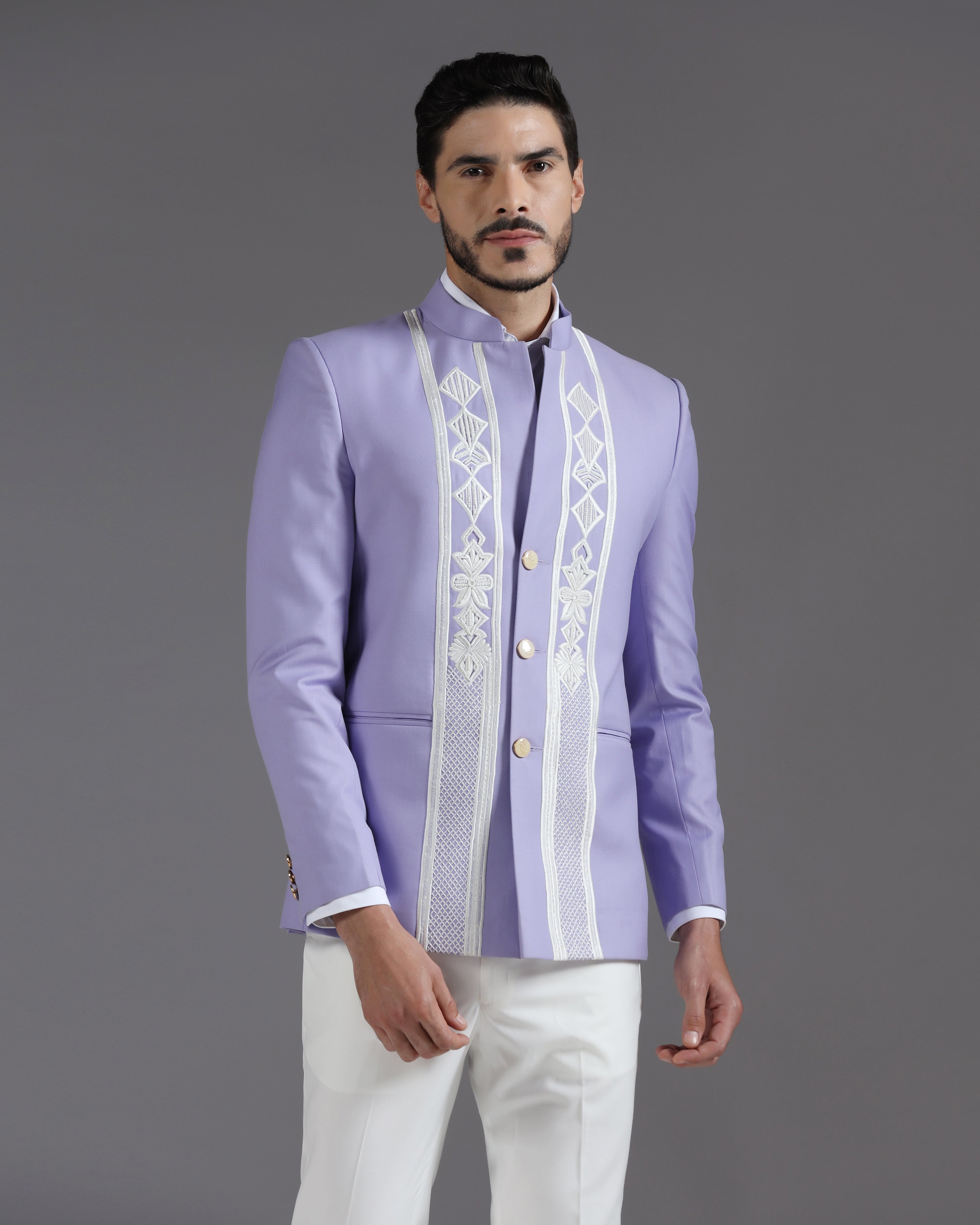 Lilac Embroidered 3-Button Bandhgala