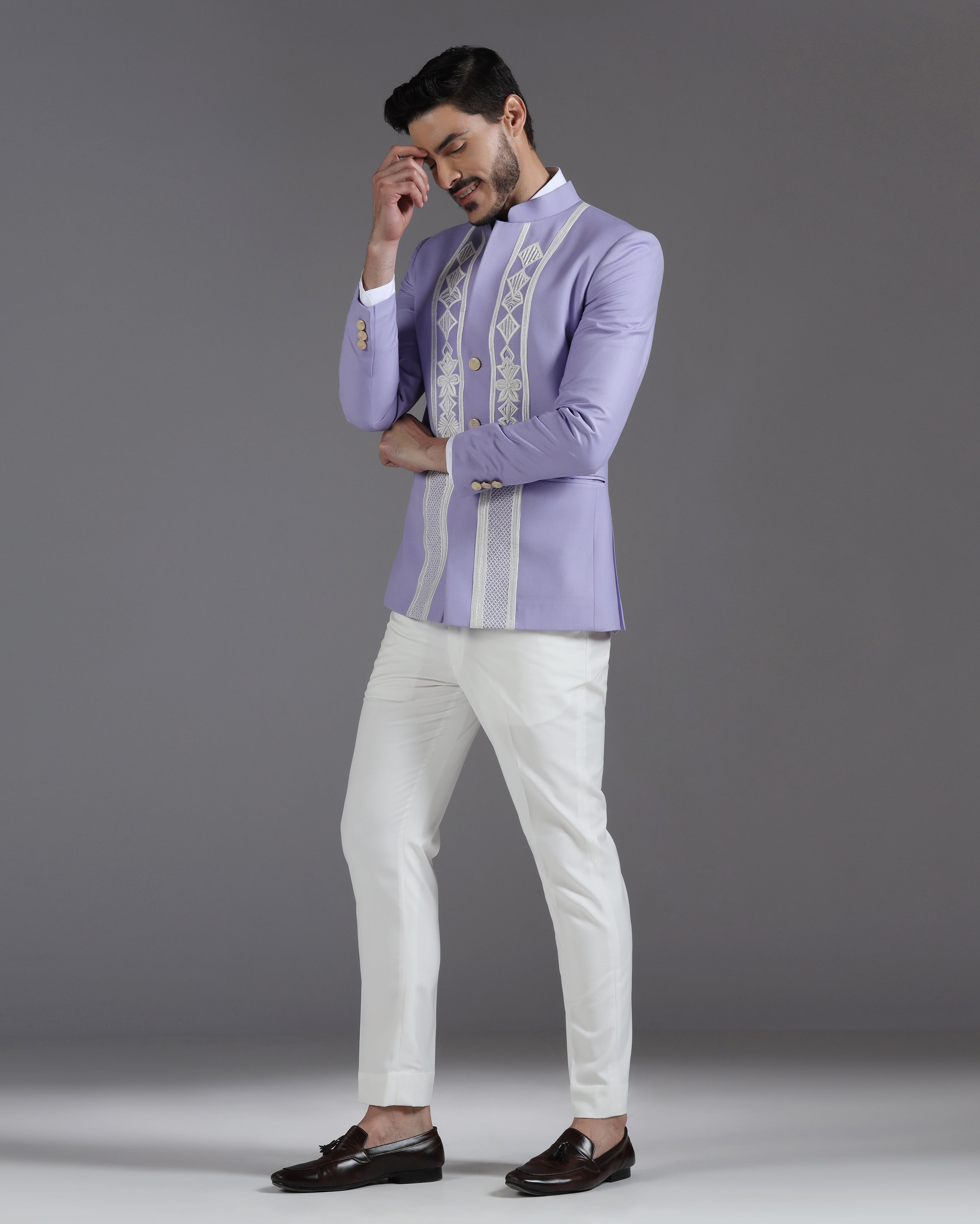 Lilac Embroidered 3-Button Bandhgala