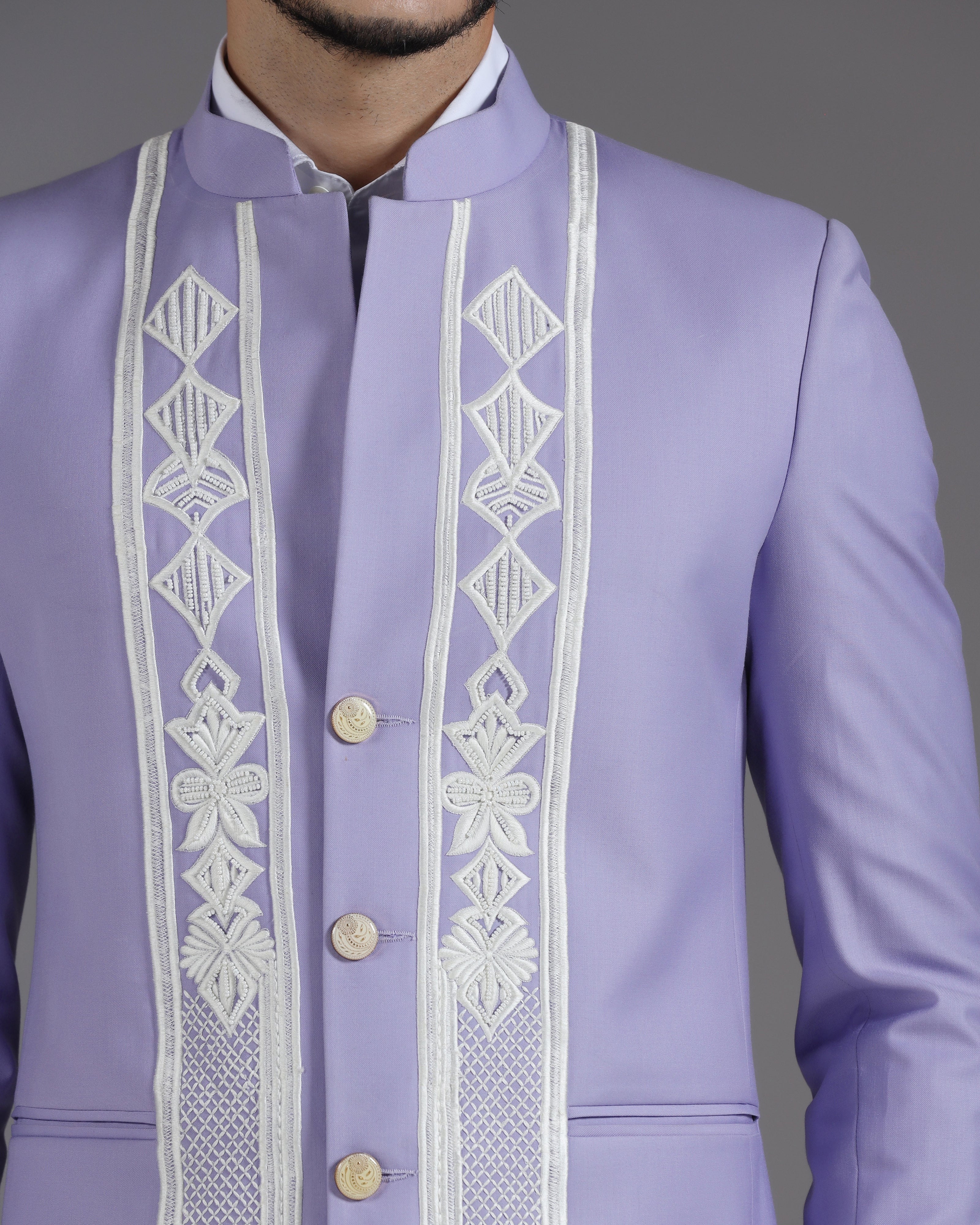 Lilac Embroidered 3-Button Bandhgala