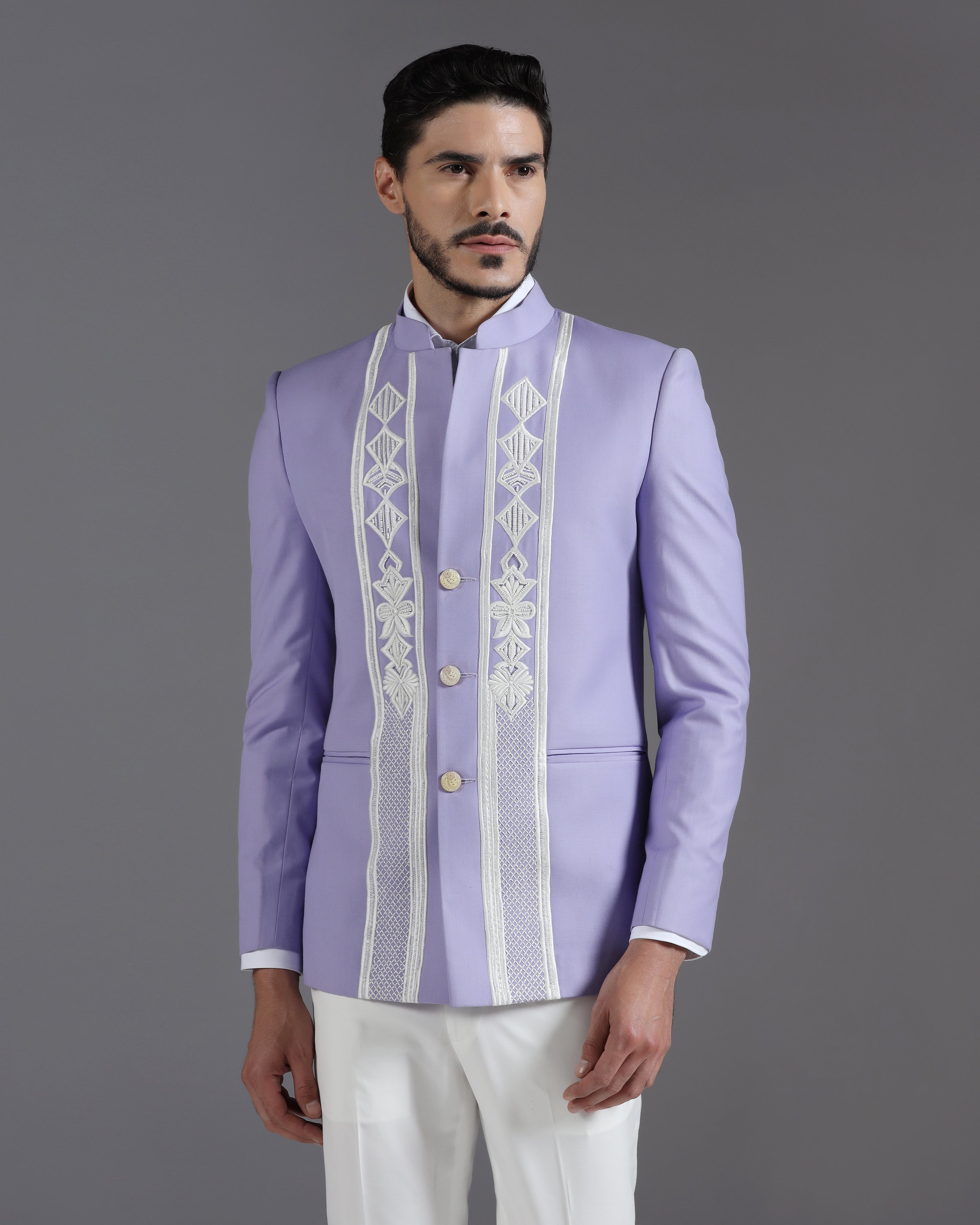 Lilac Embroidered 3-Button Bandhgala