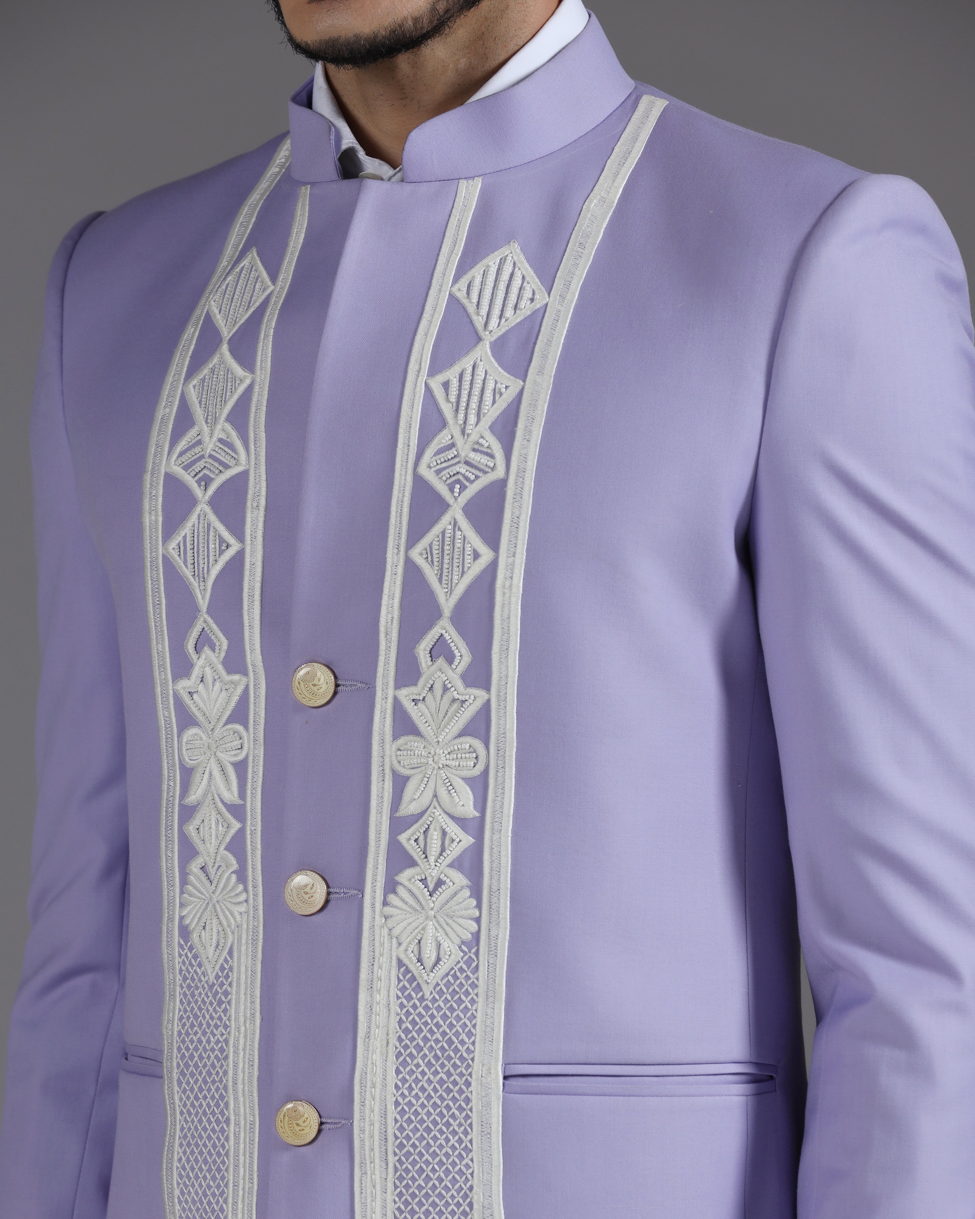 Lilac Embroidered 3-Button Bandhgala