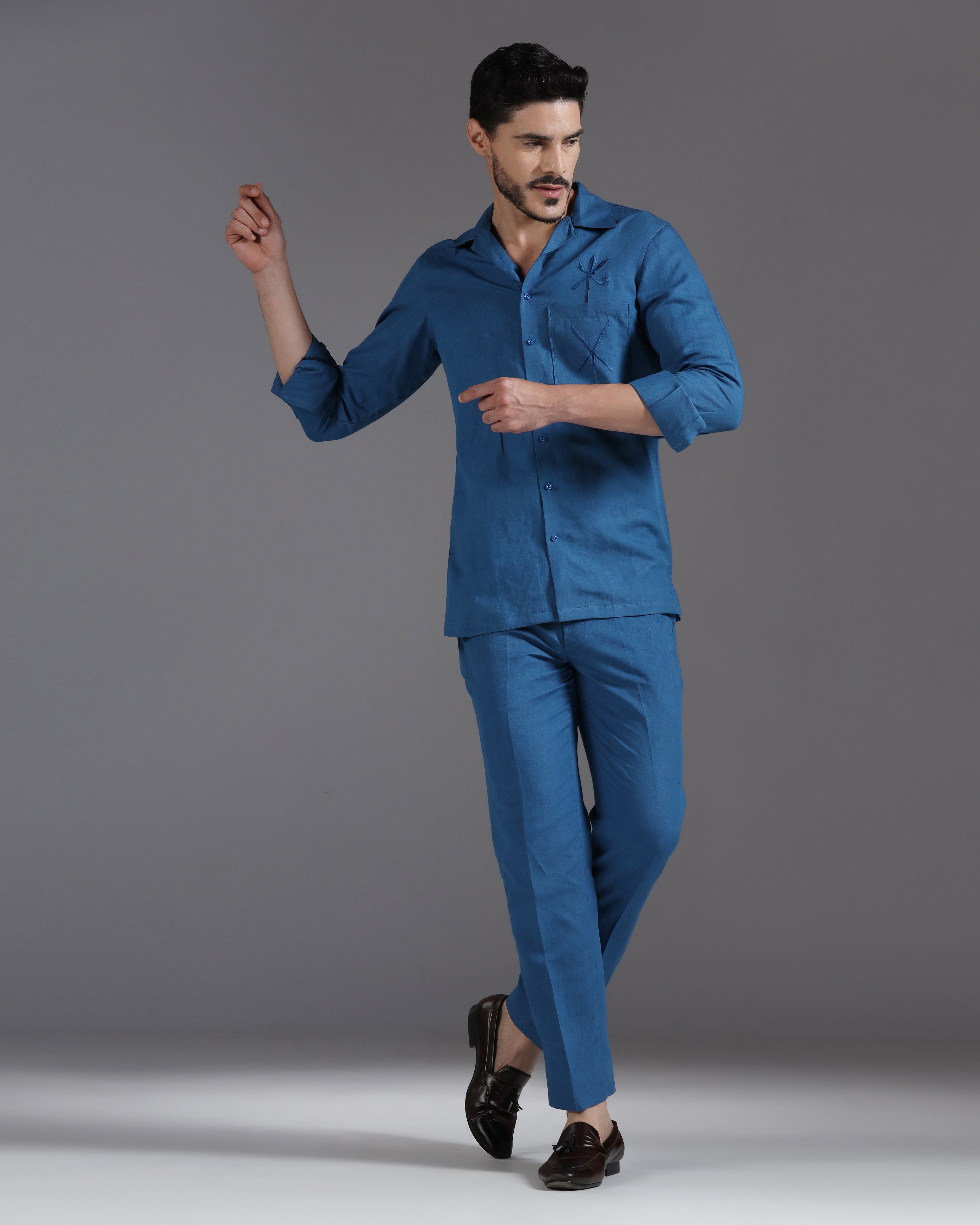 Sapphire Whisper: Handcrafted Linen Co-Ord with Tonal Thread Embroidery