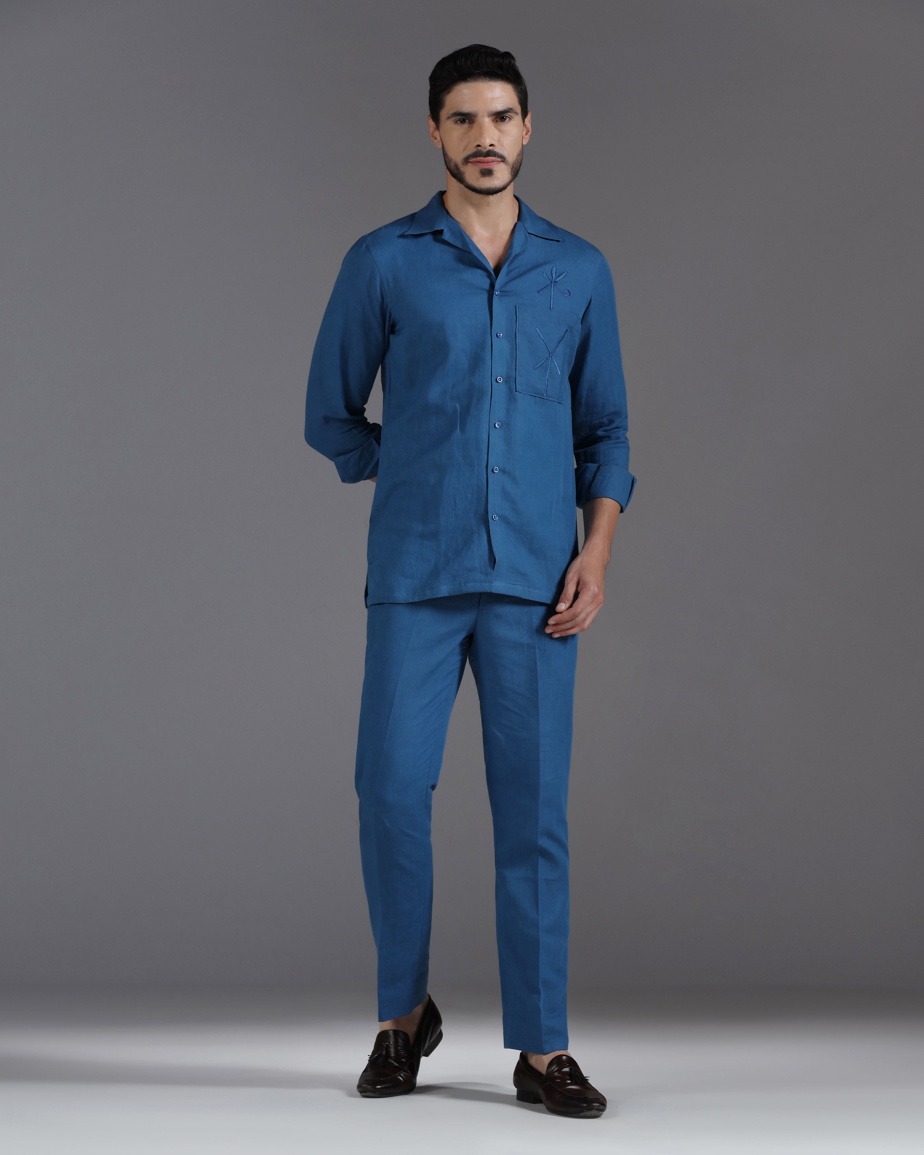 Sapphire Whisper: Handcrafted Linen Co-Ord with Tonal Thread Embroidery