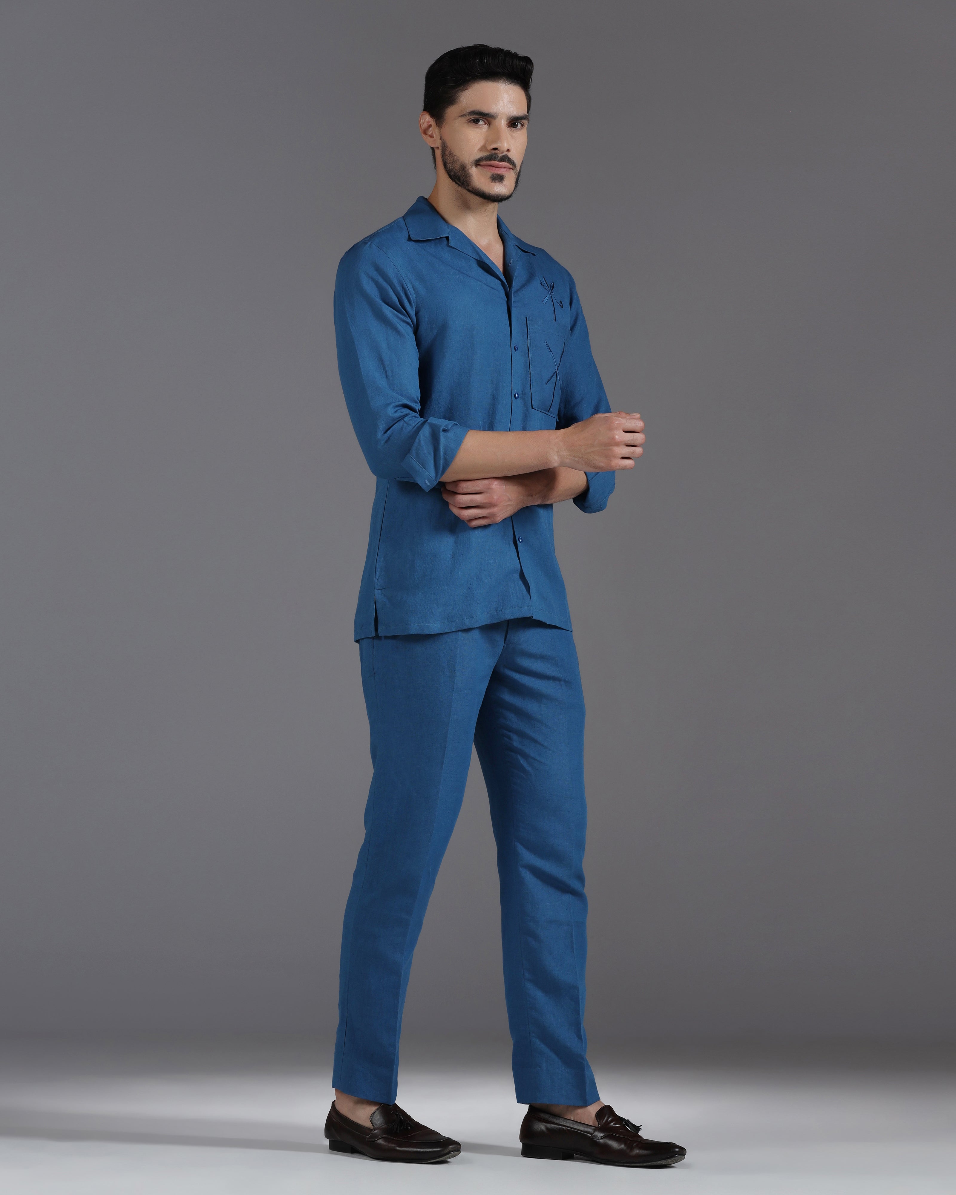 Sapphire Whisper: Handcrafted Linen Co-Ord with Tonal Thread Embroidery
