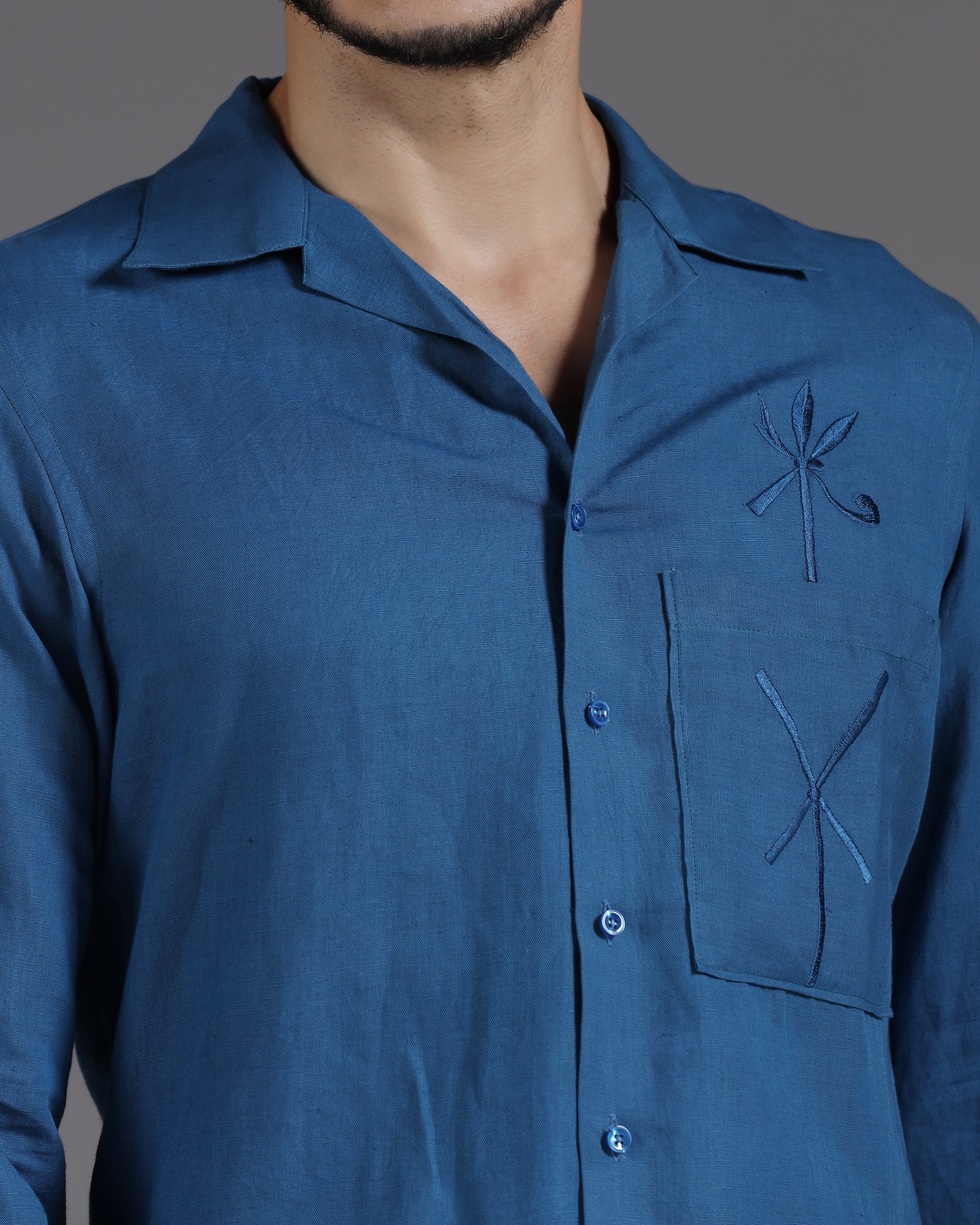 Sapphire Whisper: Handcrafted Linen Co-Ord with Tonal Thread Embroidery