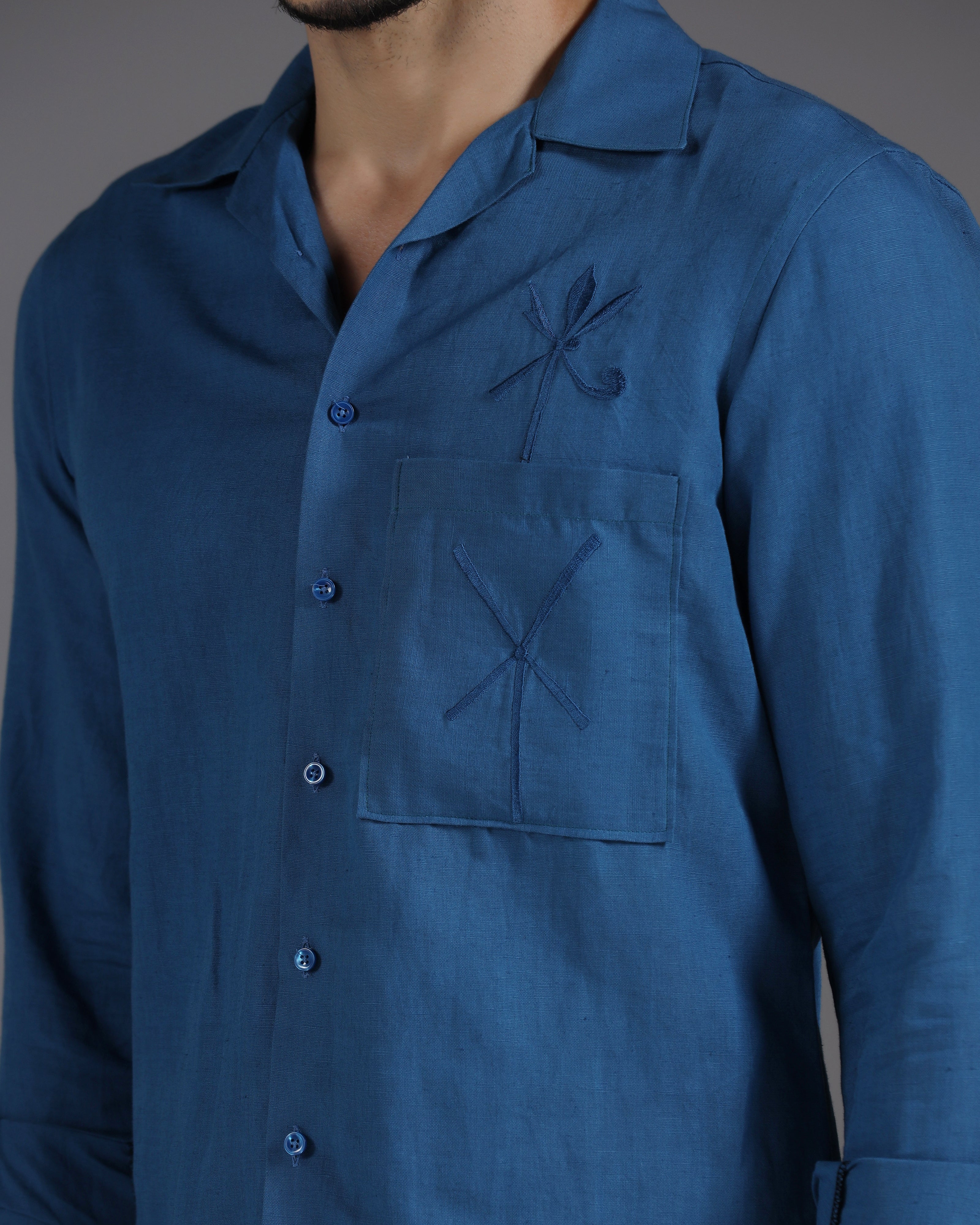 Sapphire Whisper: Handcrafted Linen Co-Ord with Tonal Thread Embroidery
