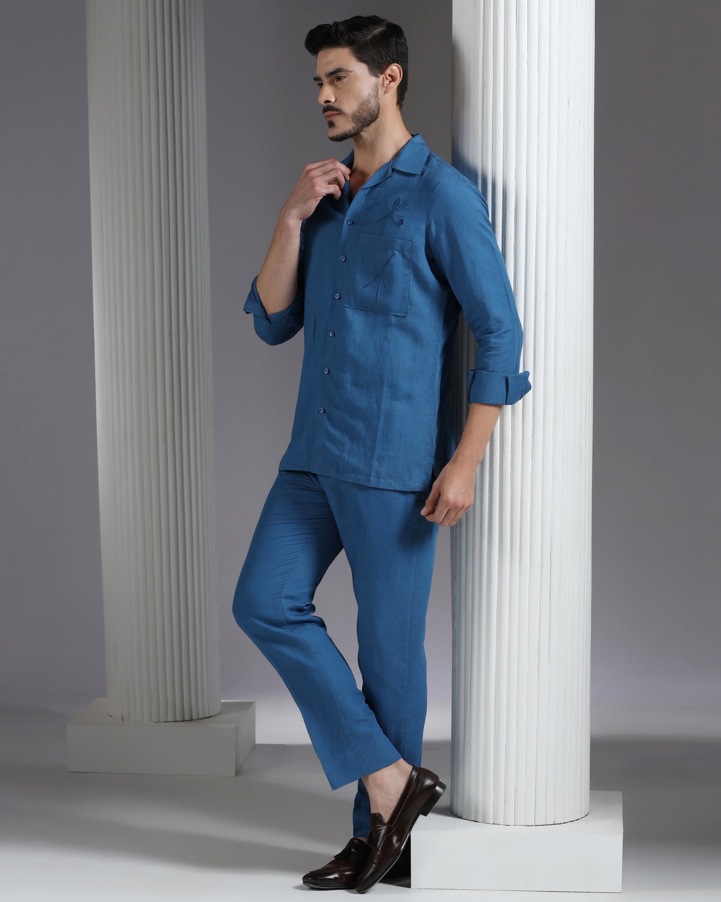 Bhavya Bhasin "Sapphire Whisper" Tonal Thread-Embroidered Cotton Linen Co-ord Set