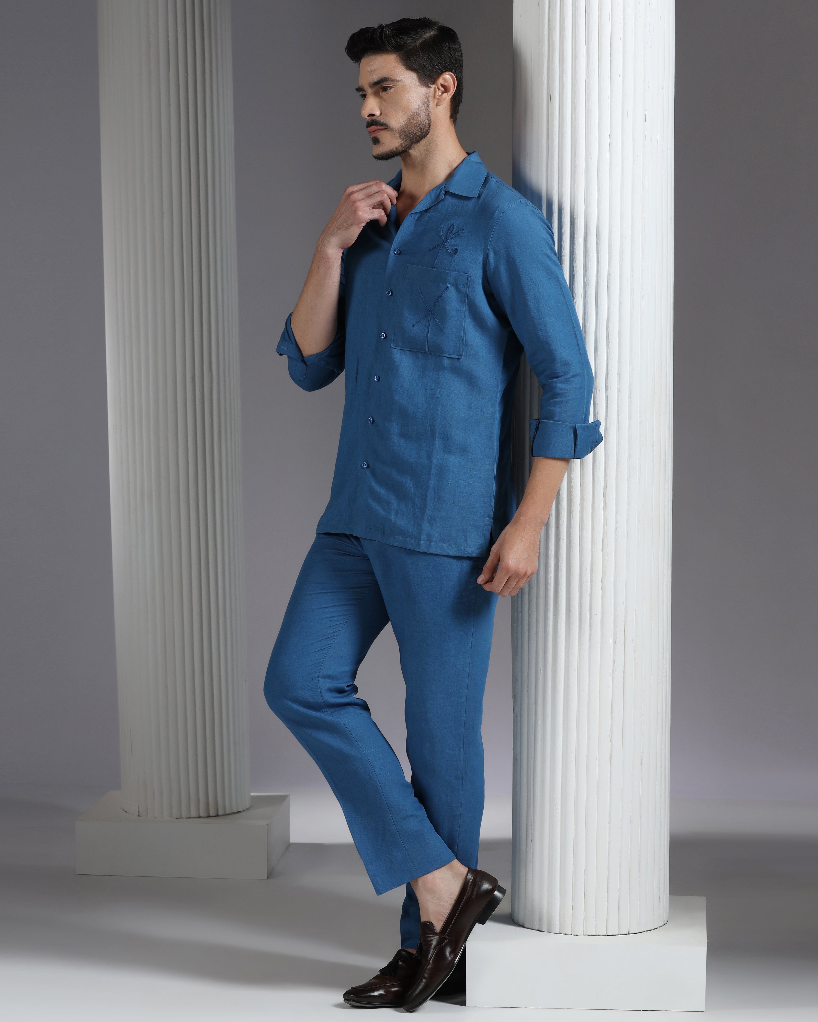 Sapphire Whisper: Handcrafted Linen Co-Ord with Tonal Thread Embroidery