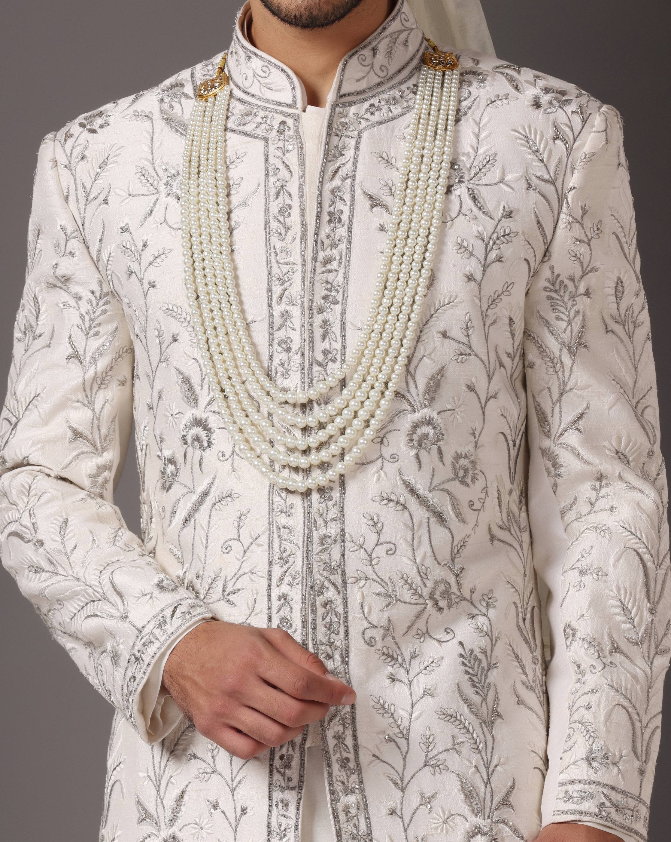 Timeless Charm: Ivory Sherwani with Hand and Machine Embroidery in Grey and White