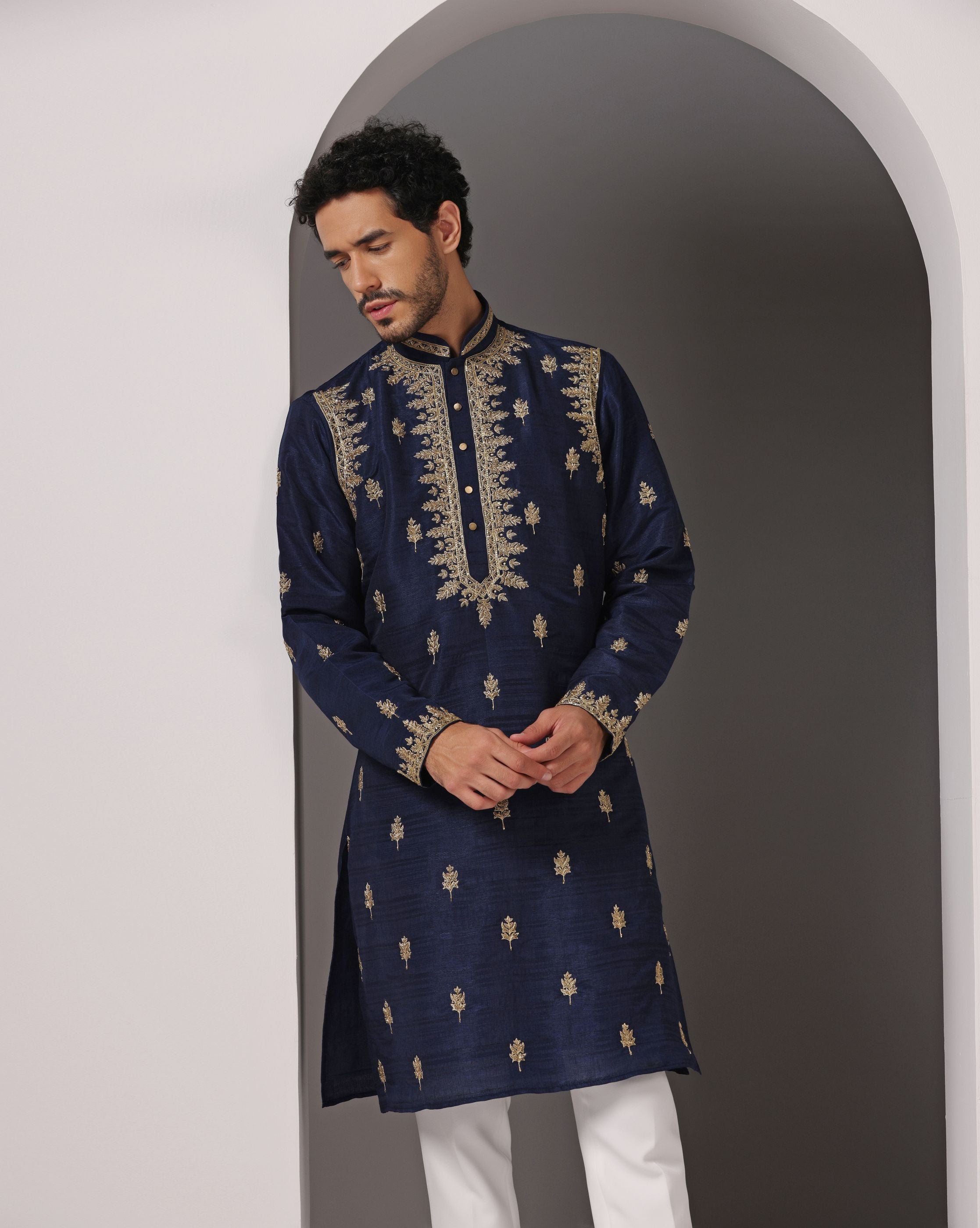 Royal Blue Elegance: Hand-Embroidered Raw Silk Kurta