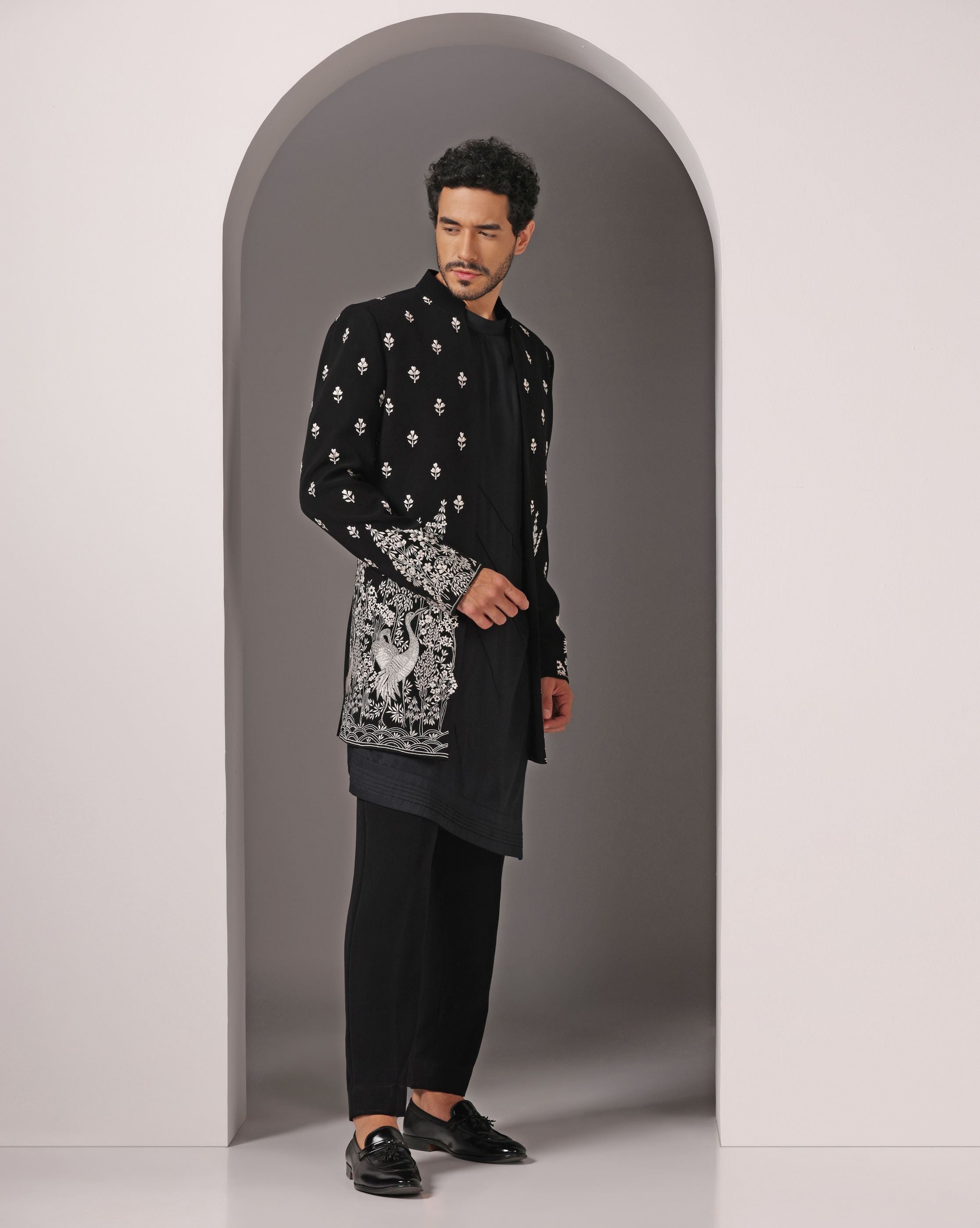 Contemporary Chic: Black Indo-Western with White Machine Embroidery