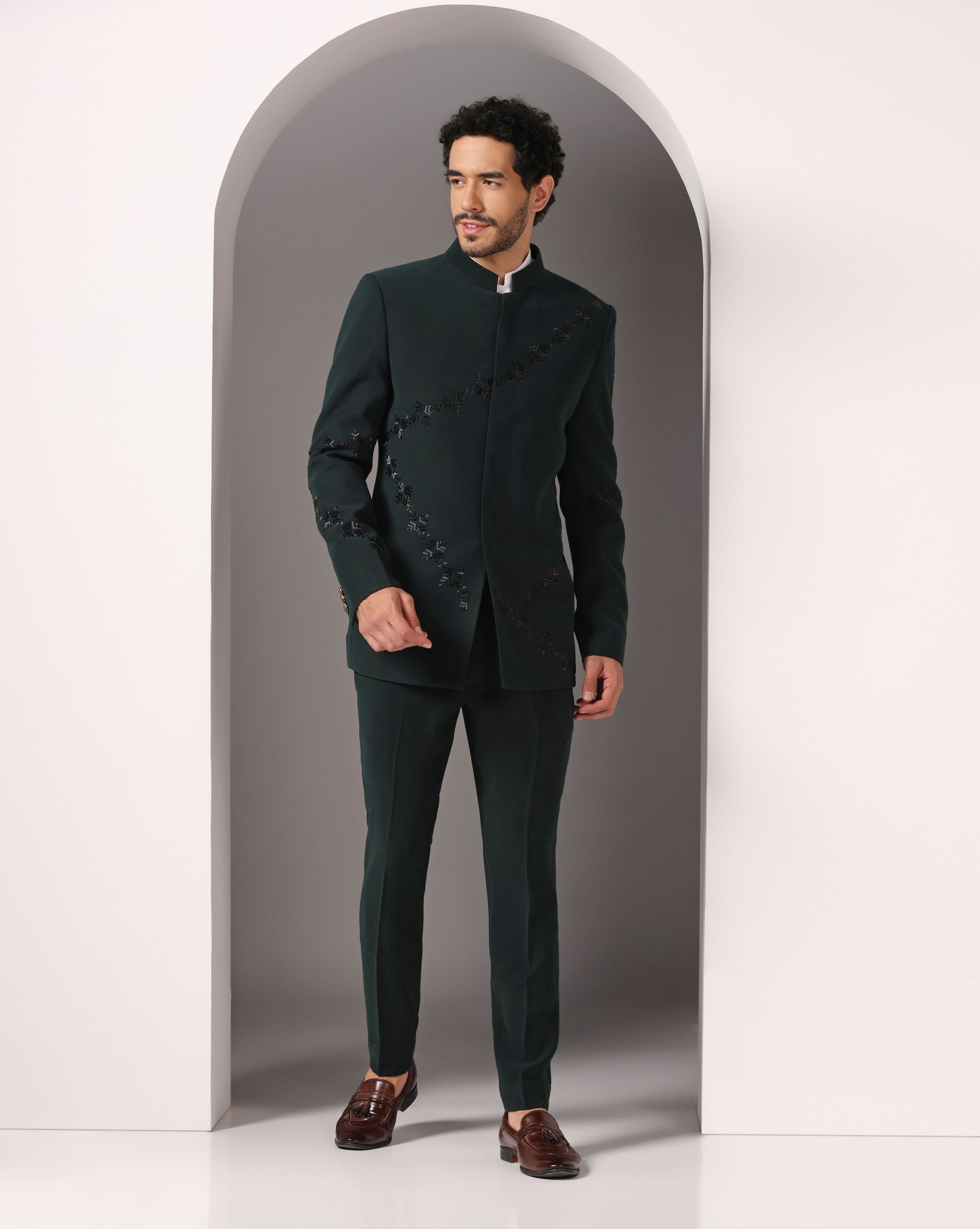 Japanese Elegance: Emerald Bandhgala Suit