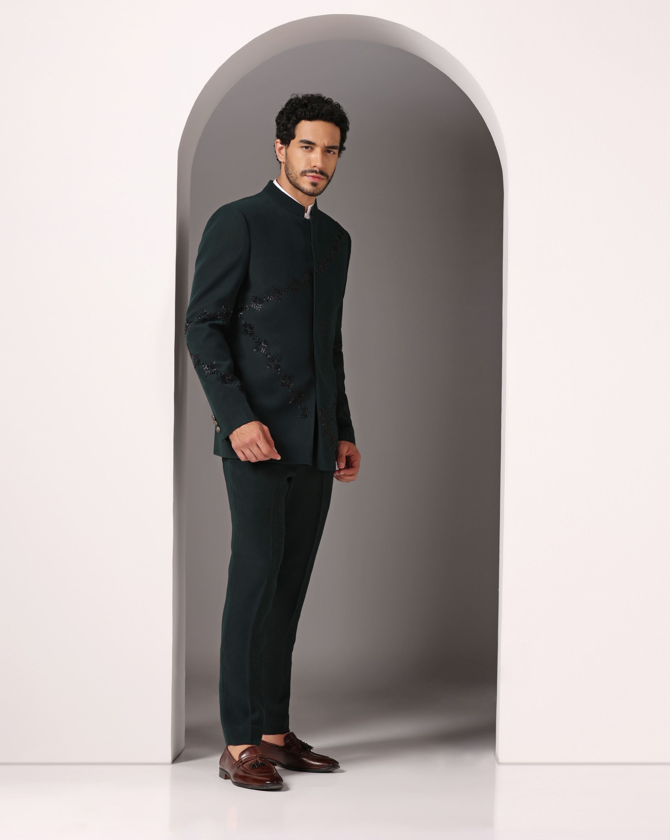 Japanese Elegance: Emerald Bandhgala Suit