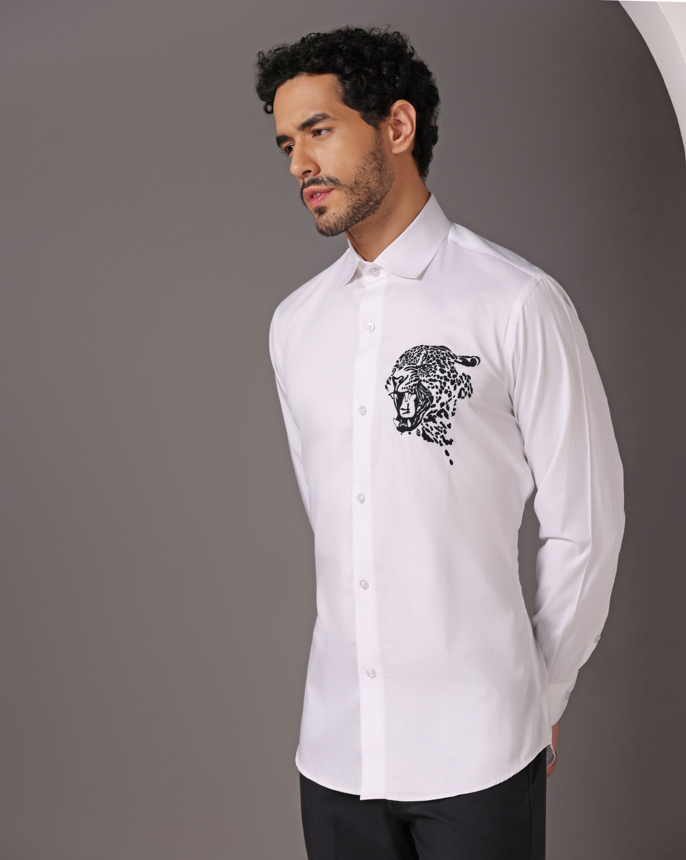 Modern Elegance: White Shirt with Abstract Machine Embroidery