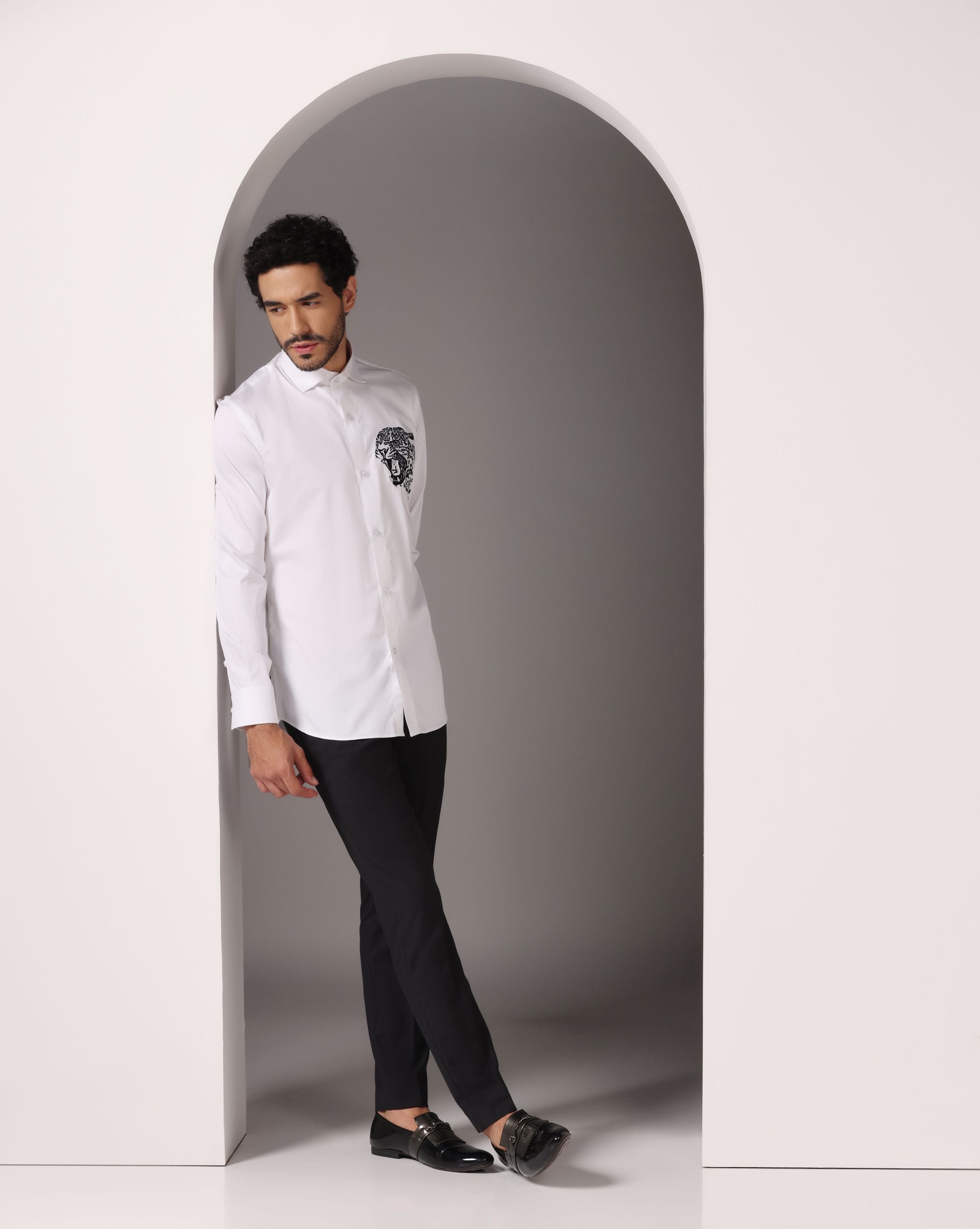 Modern Elegance: White Shirt with Abstract Machine Embroidery