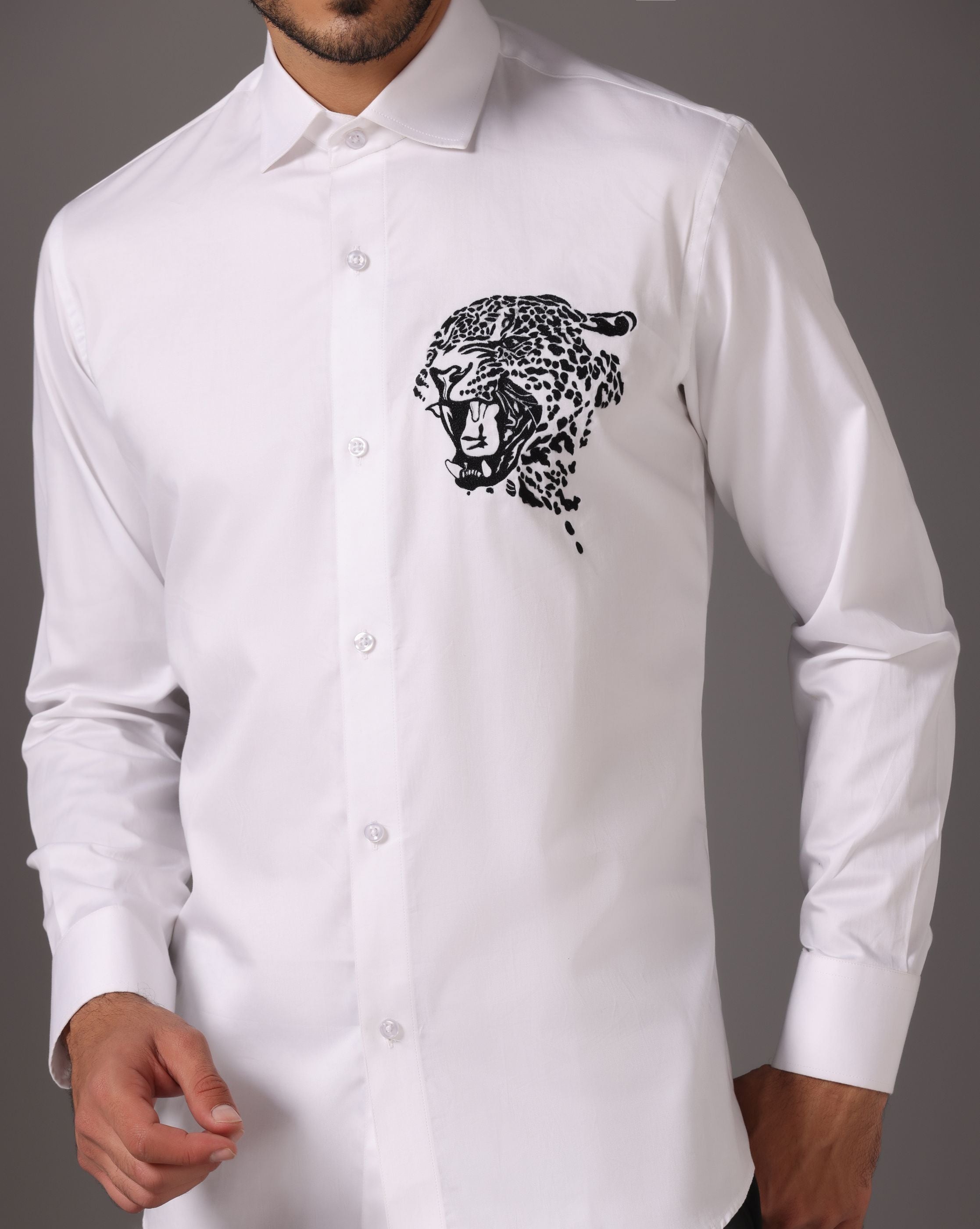 Modern Elegance: White Shirt with Abstract Machine Embroidery