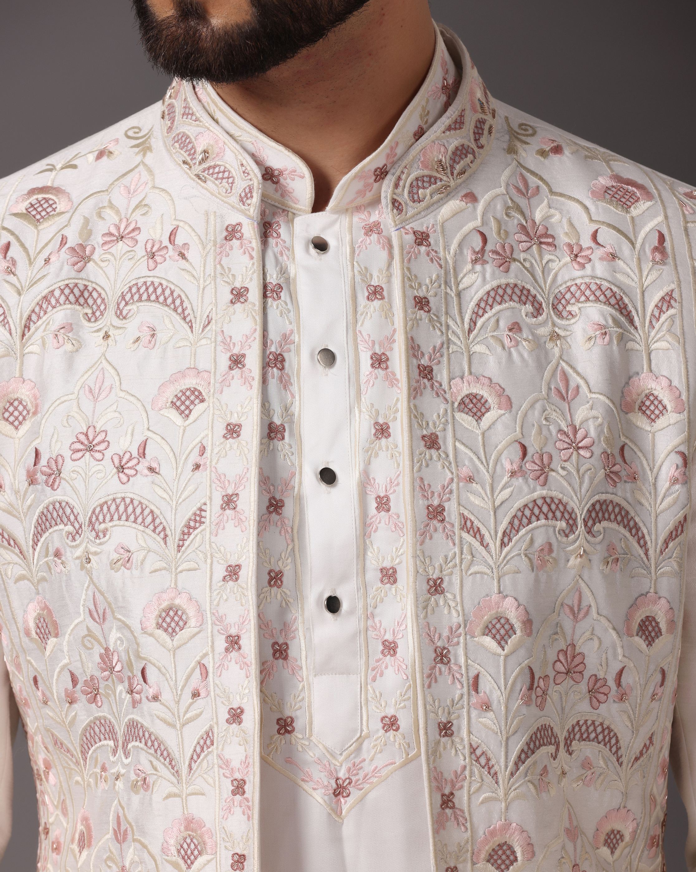 Elegant Fusion: Ivory Indo-Western with Exquisite Machine and Hand Embroidery