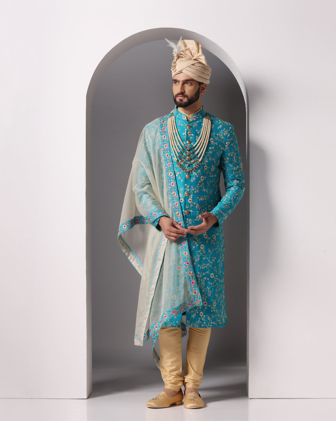 Teal Elegance: All-Over Zari and Thread Embroidery Sherwani Set