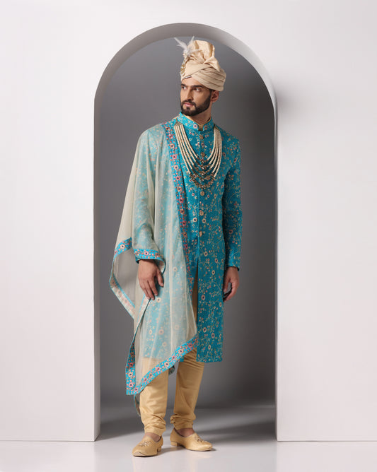 Teal "Neel Vistaar" All-Over Embroidered Sherwani Set