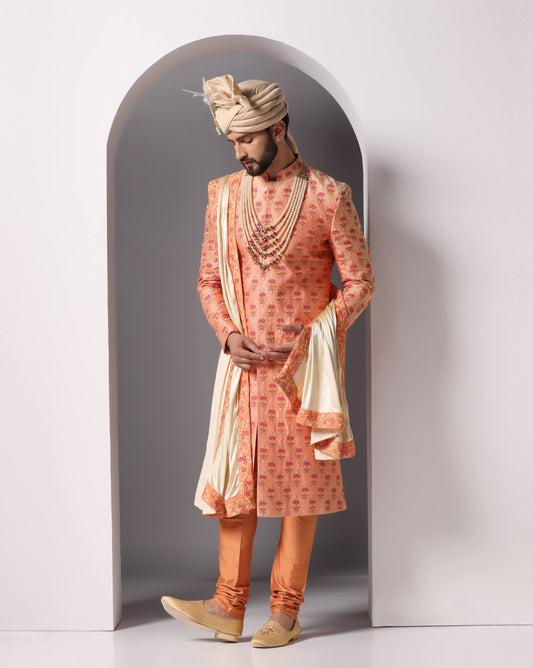 Elegance in Bloom: Dark Peach Thread Embroidery Sherwani