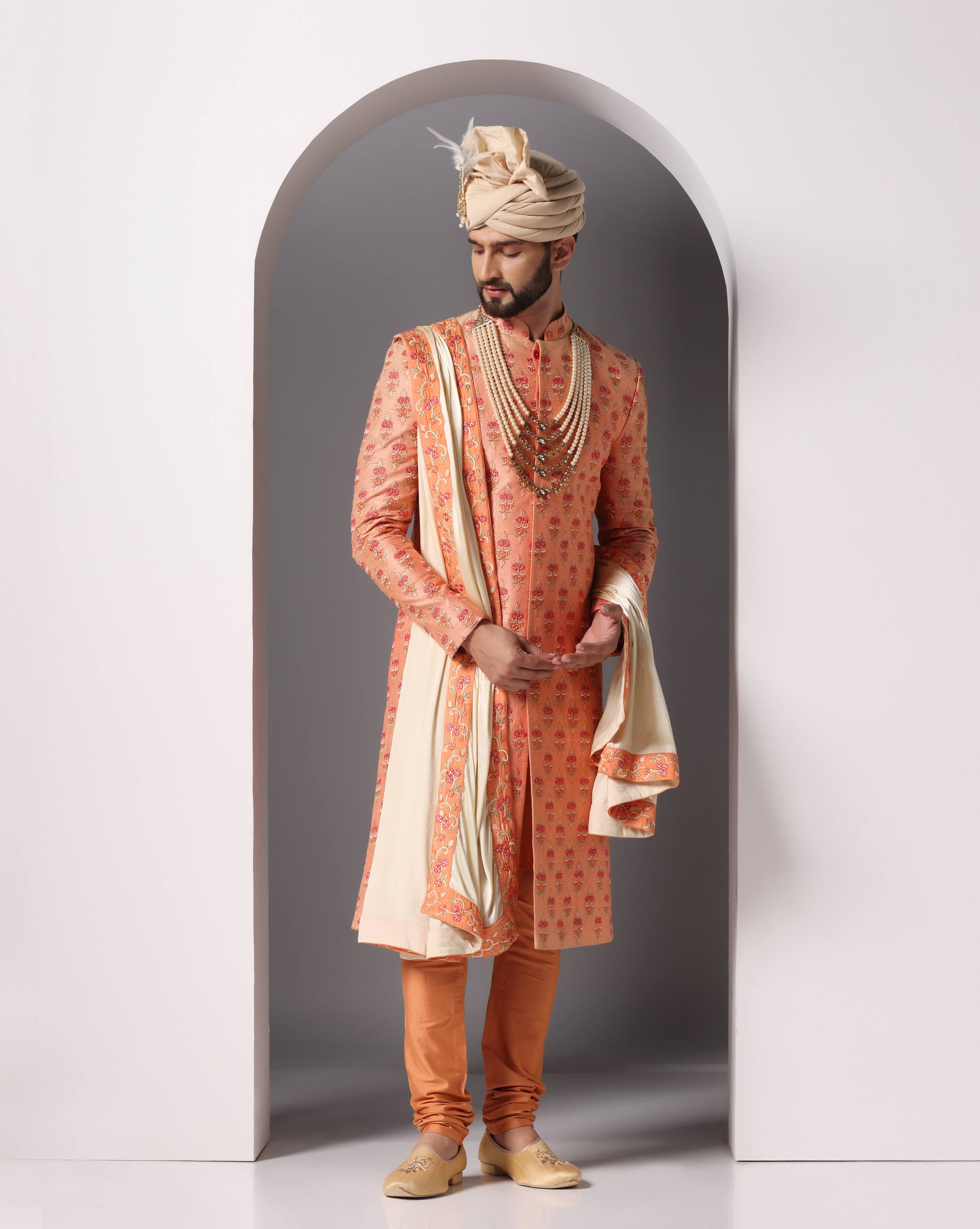 Elegance in Bloom: Dark Peach Thread Embroidery Sherwani