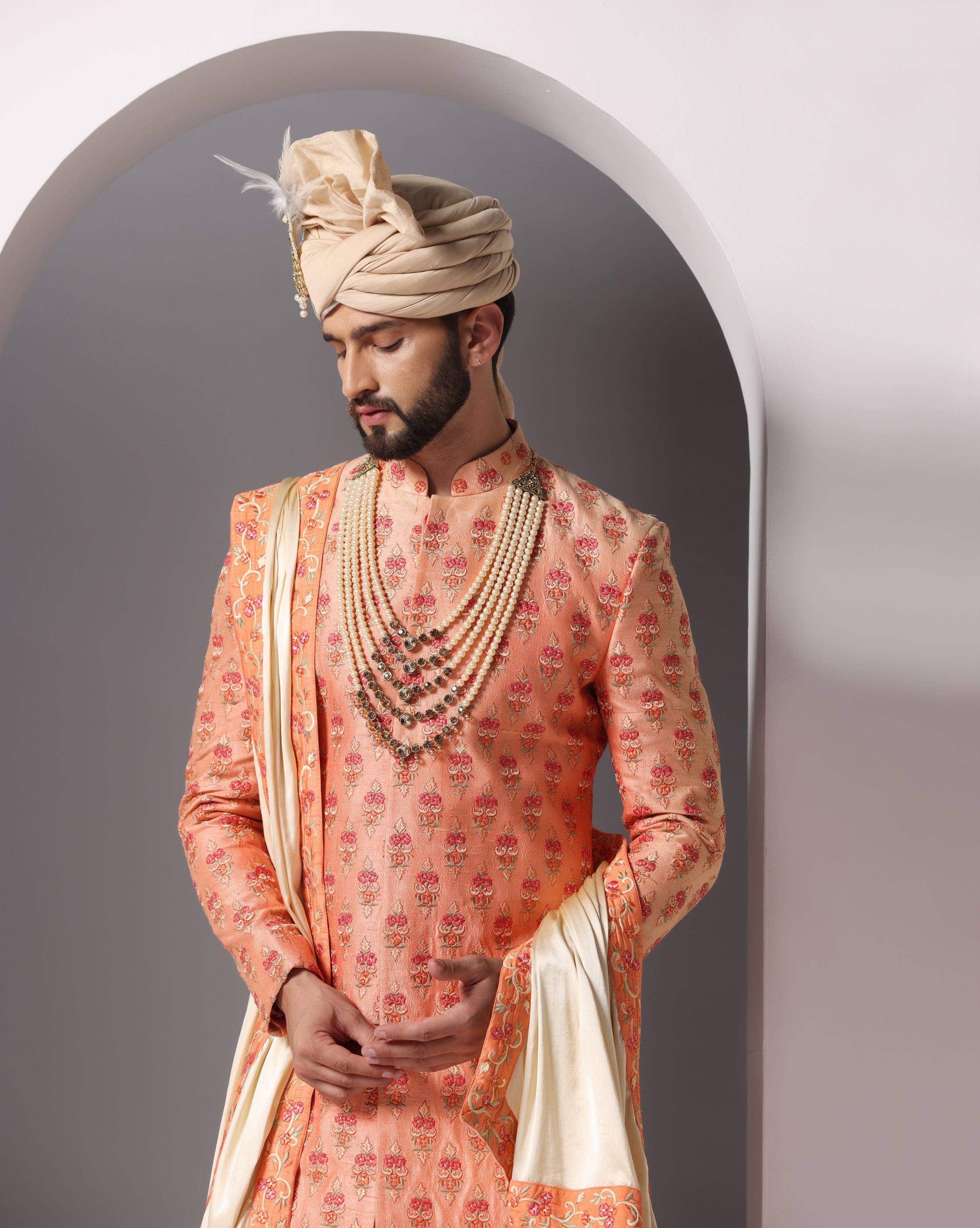 Elegance in Bloom: Dark Peach Thread Embroidery Sherwani