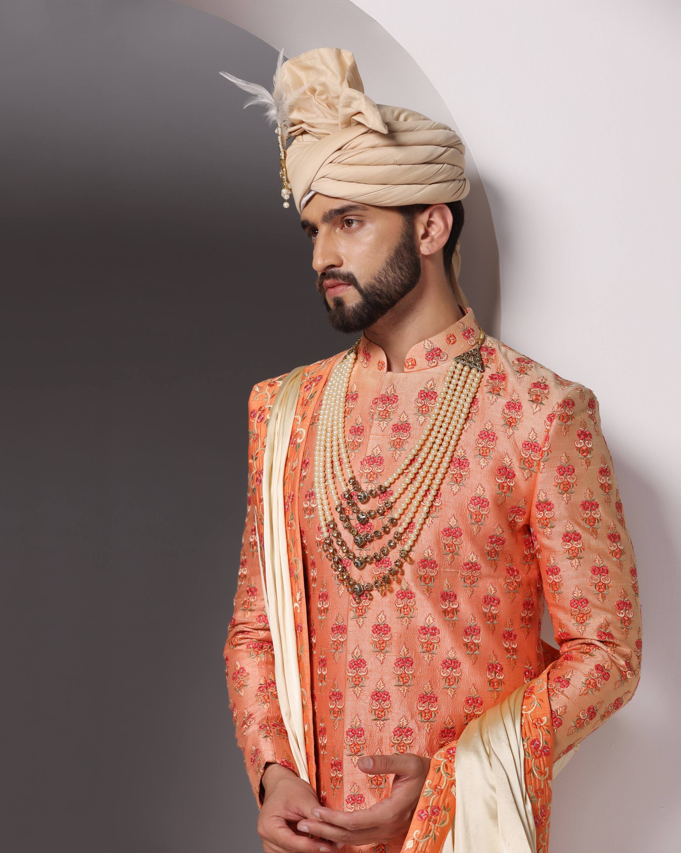 Elegance in Bloom: Dark Peach Thread Embroidery Sherwani