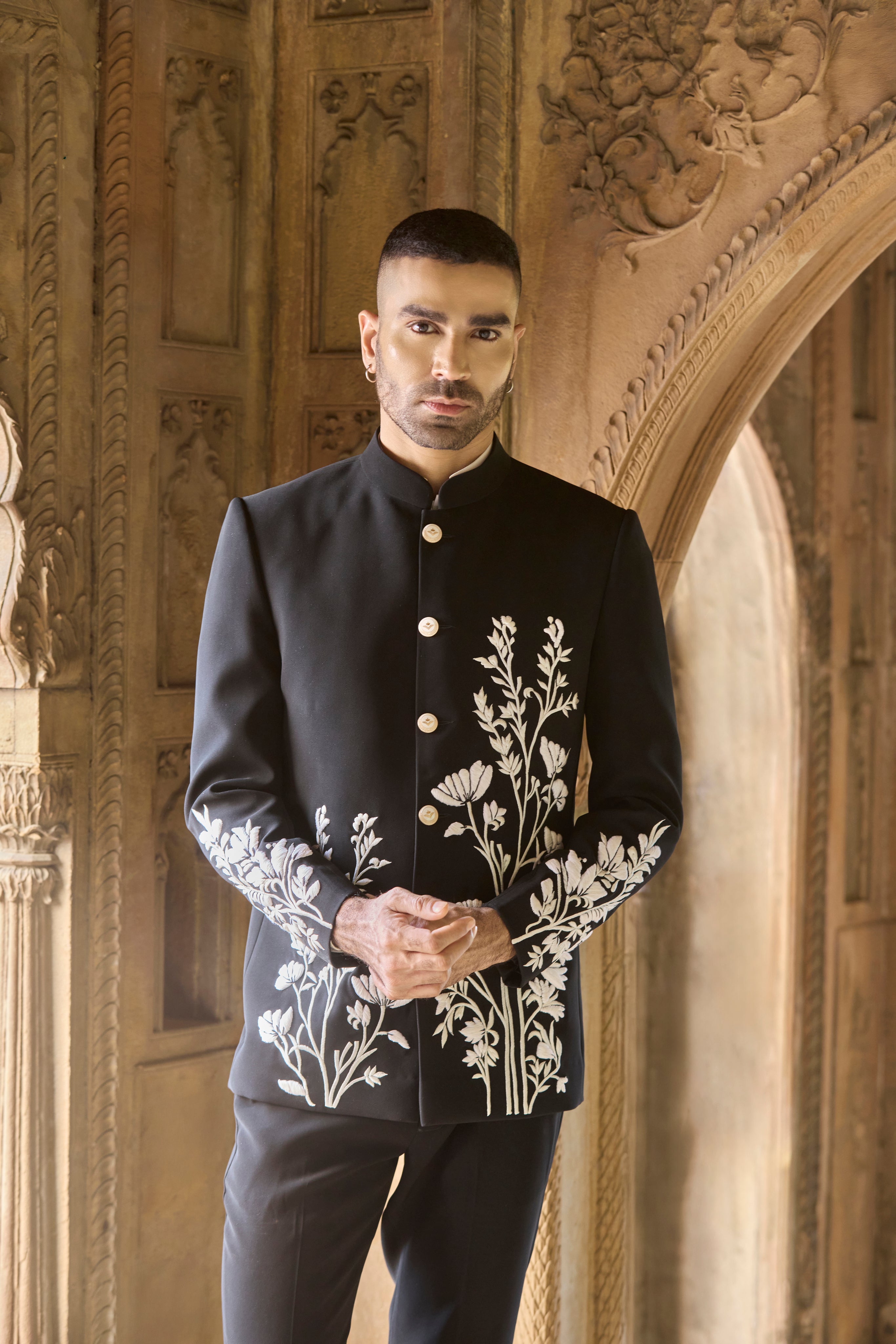 Raas “Shvet Vistaar” Ivory-on-Black Bandhgala