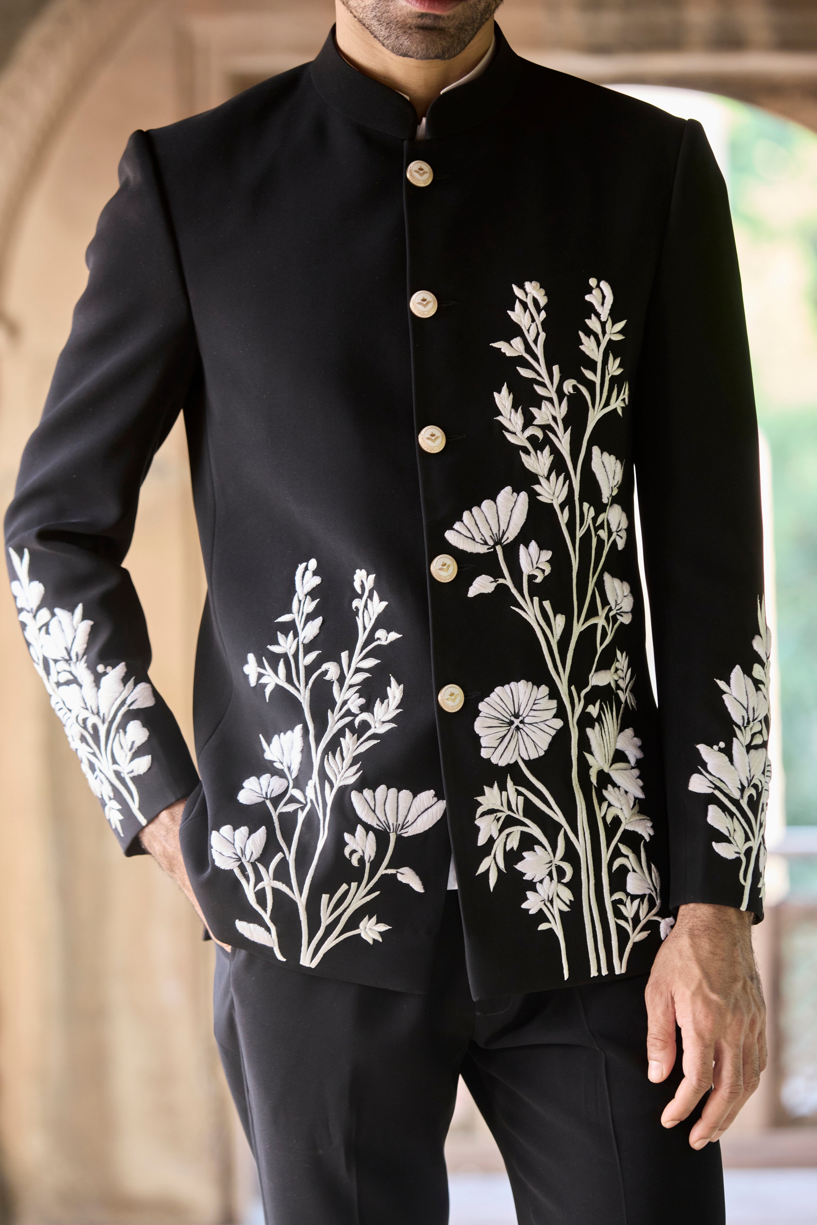 Raas “Shvet Vistaar” Ivory-on-Black Bandhgala