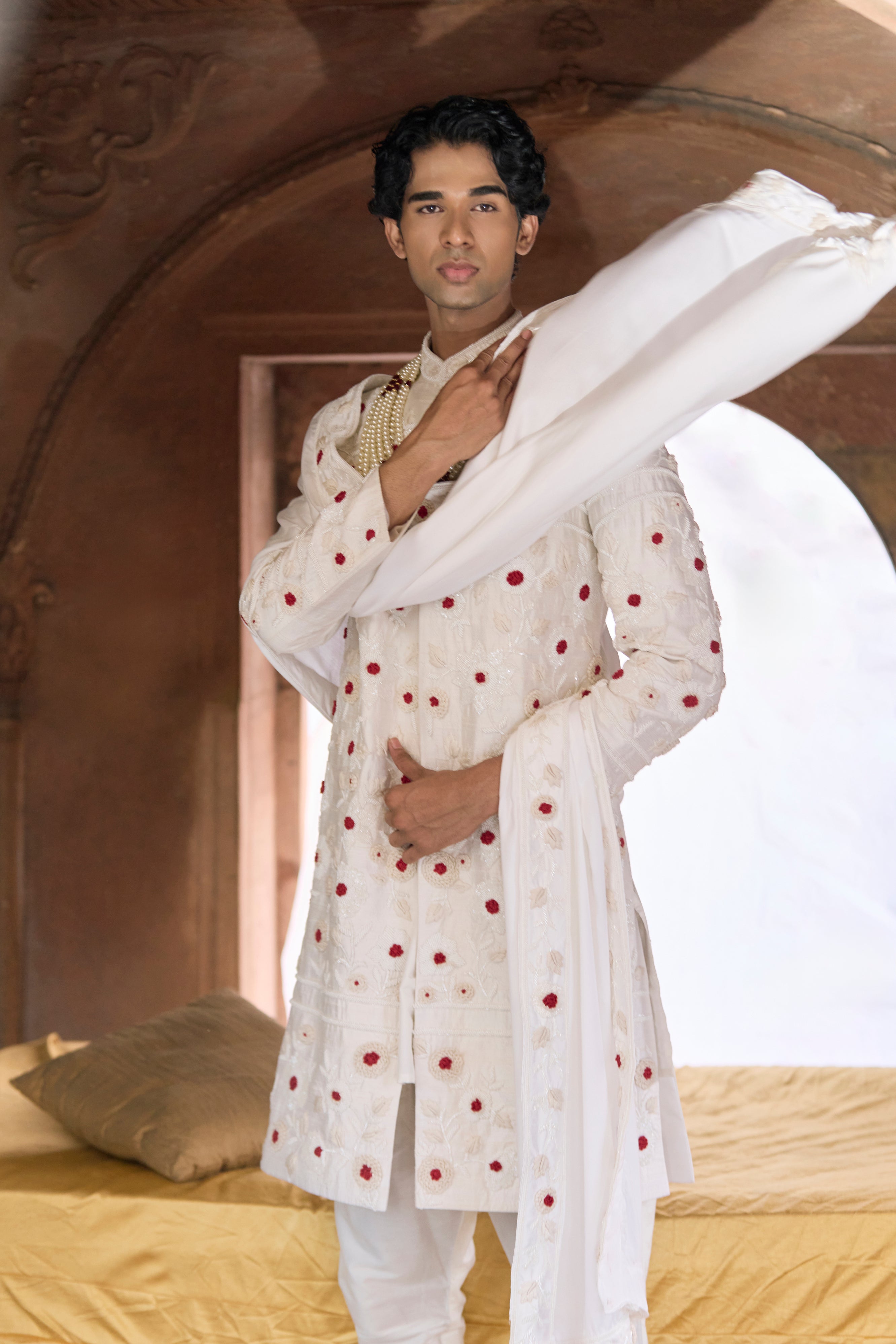 Raas “Shwet Raag” Ivory Raw Silk Sherwani