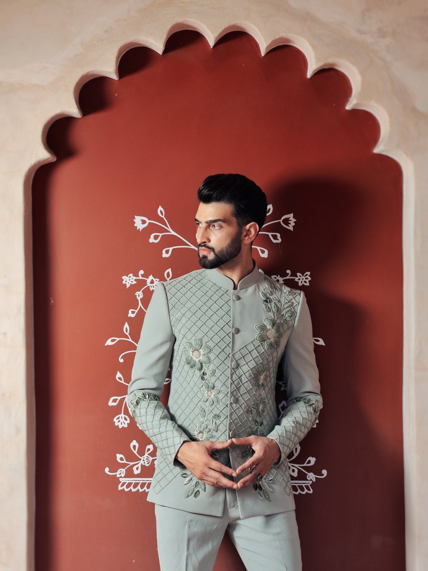 Pistachio Green Bandhgala with 3D Hand Embroidery
