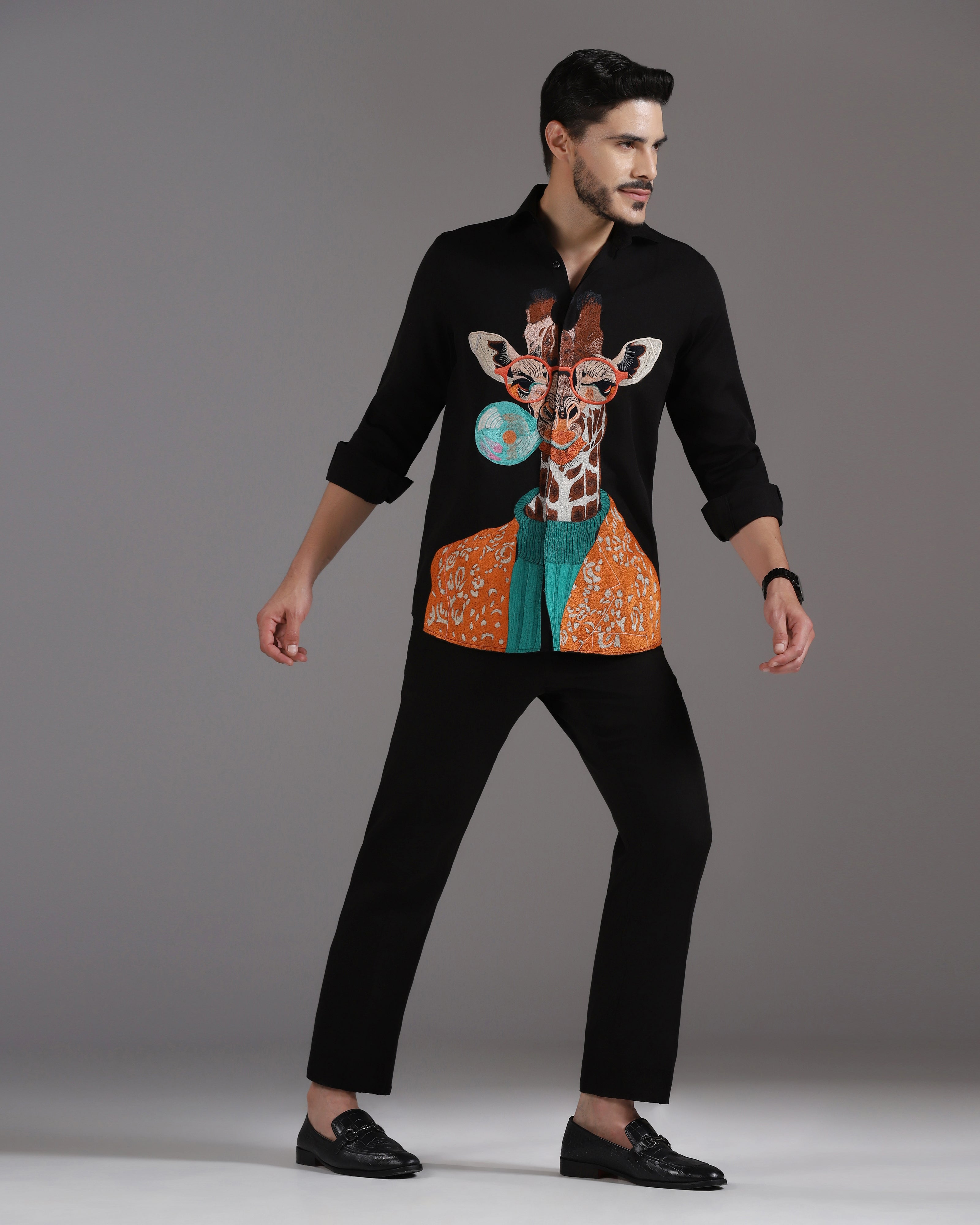 “Giraffe & Bubble” Black Crepe Co-ord Set