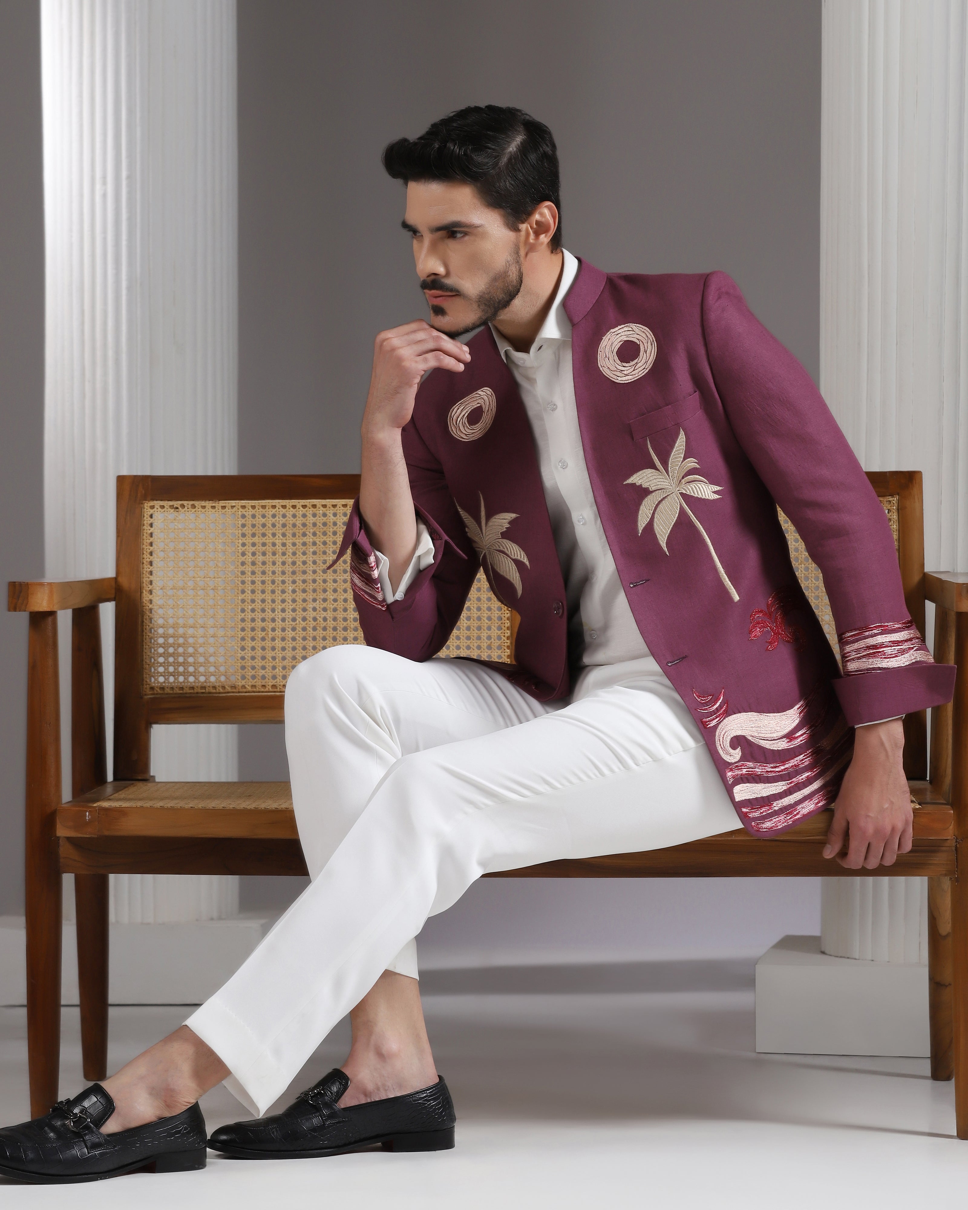 Wine Embroidered Cotton-Linen Blazer with Ivory Trousers