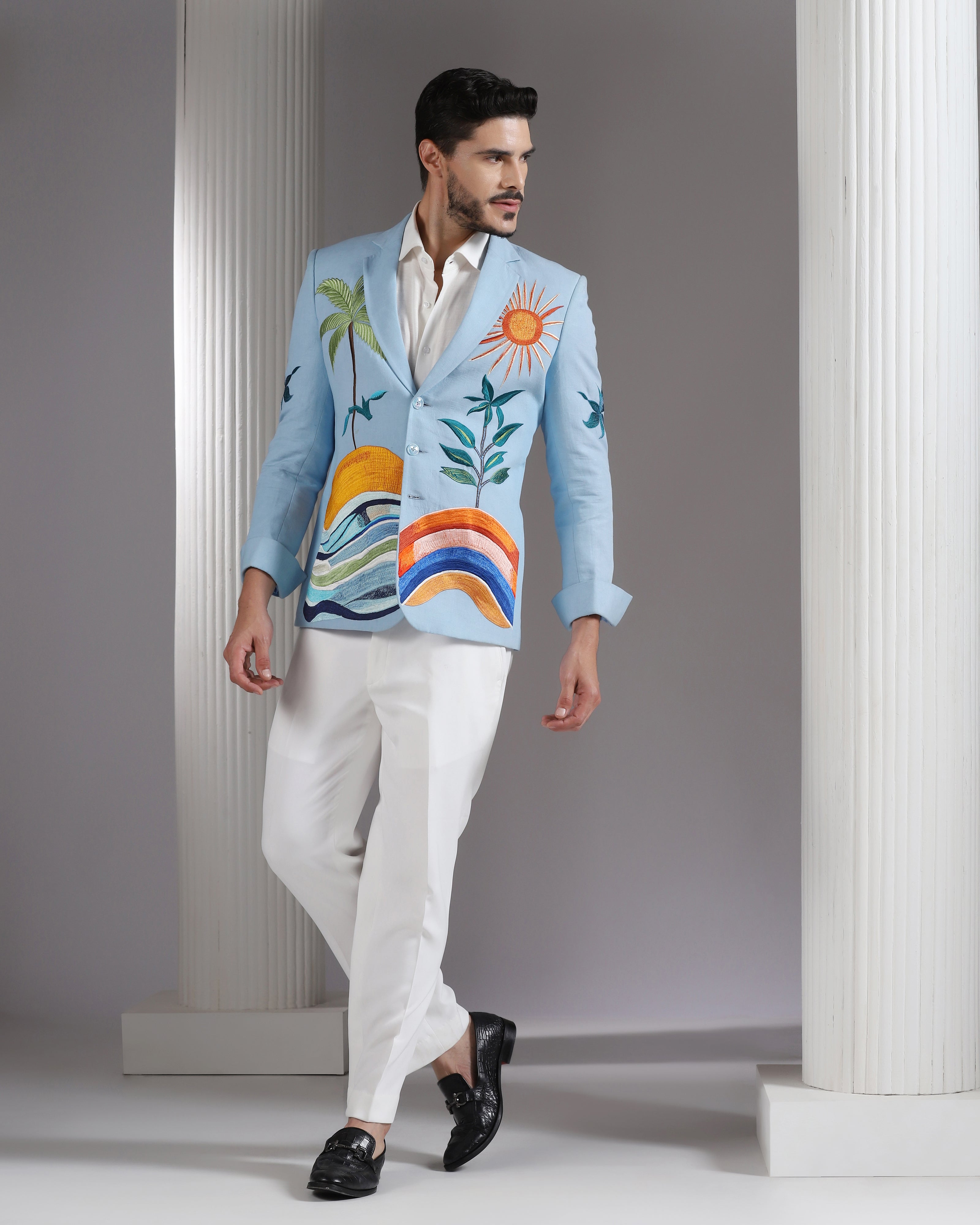 Sky Blue Tropical Landscape Blazer with Ivory Trousers