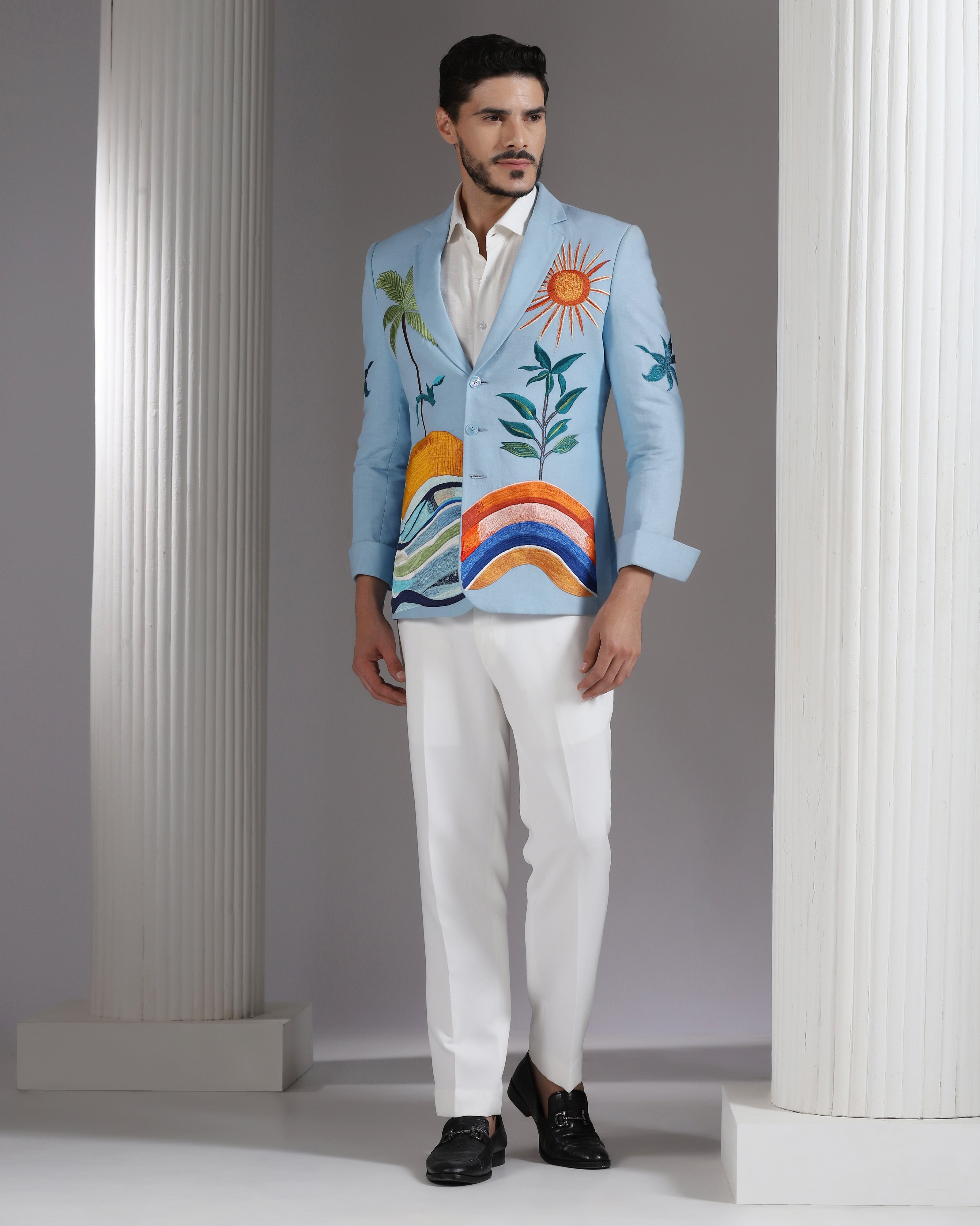 Sky Blue Tropical Landscape Blazer with Ivory Trousers
