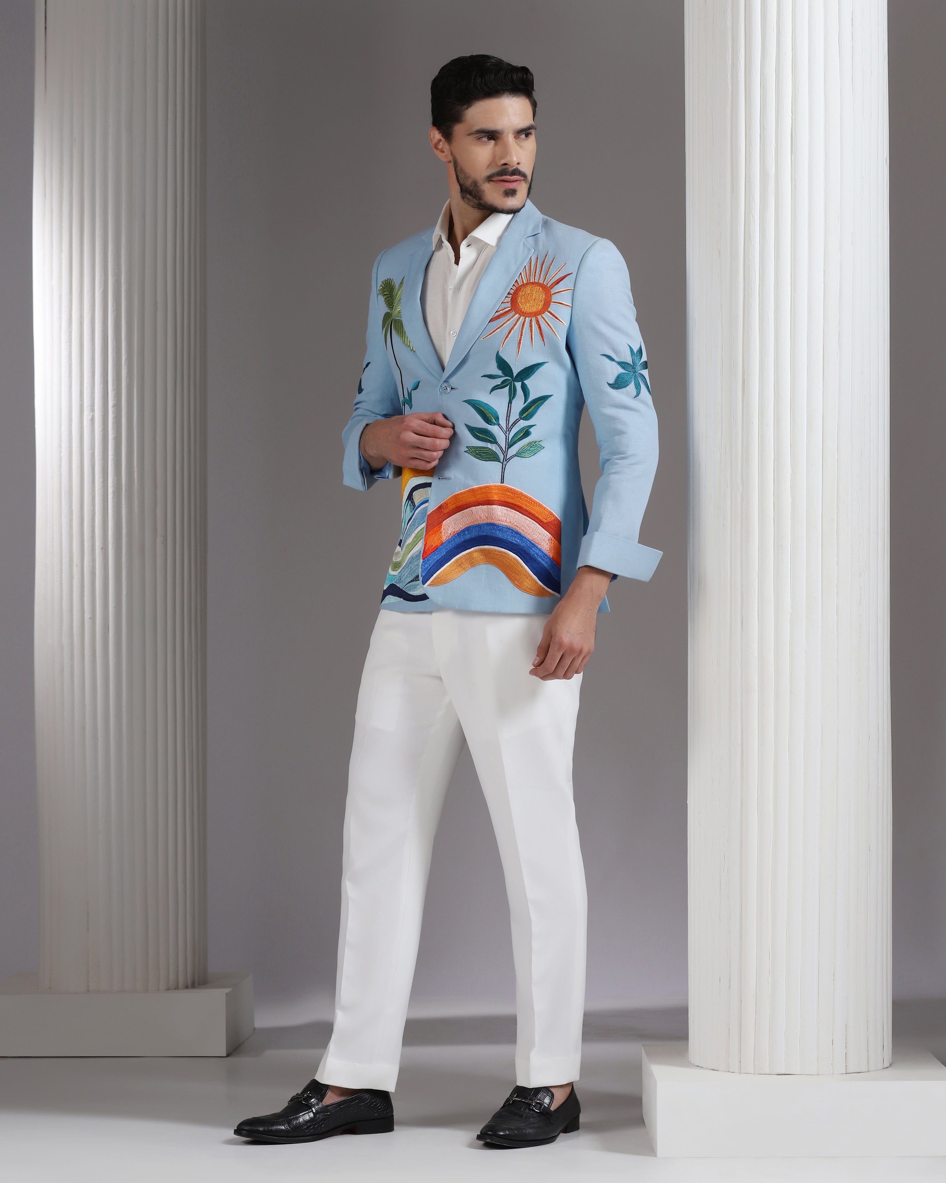 Sky Blue Tropical Landscape Blazer with Ivory Trousers